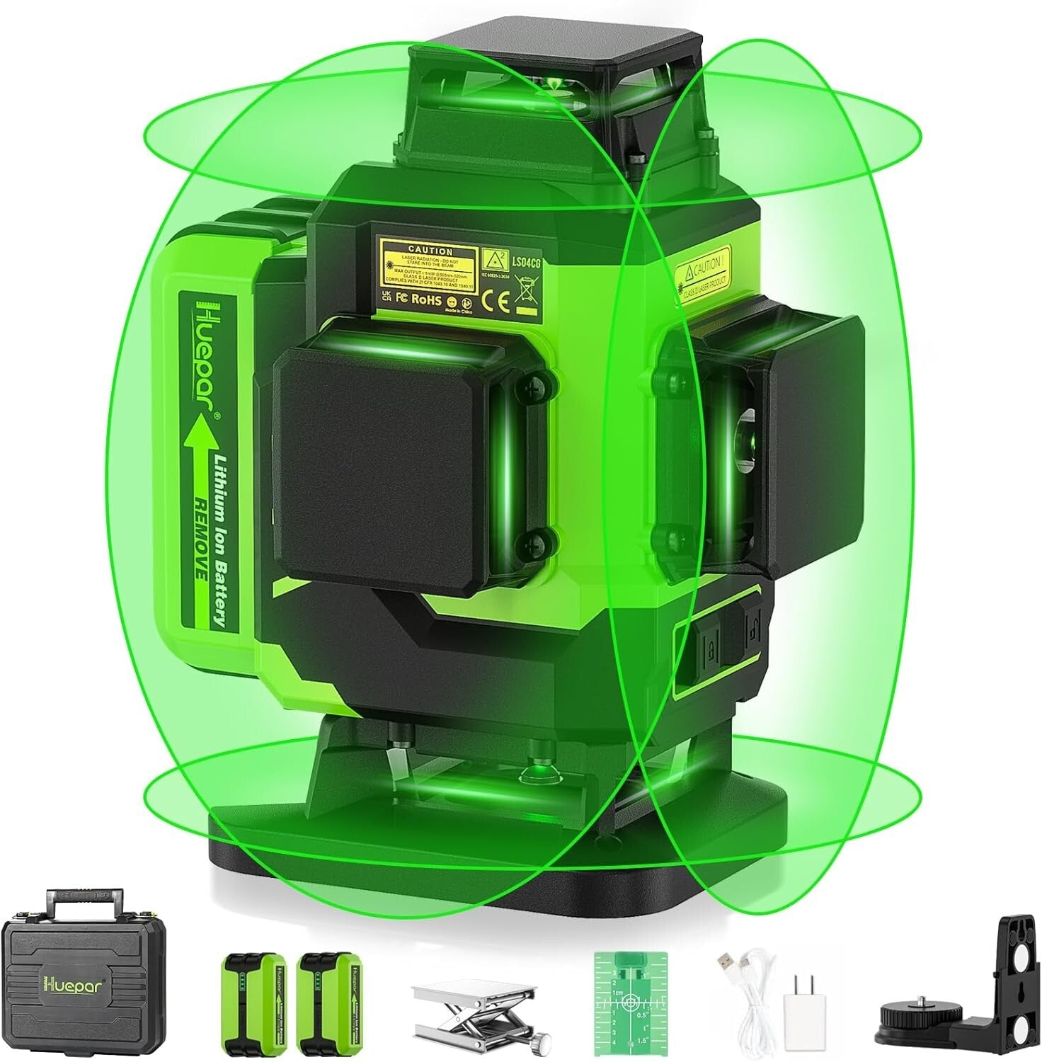 Durable Green Beam 4X360° Laser Level with Lithium-ion Batteries + Accessories