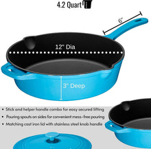 Load image into Gallery viewer, Oven-Safe 5QT Turquoise Cast Iron Frying Pan with Lid &amp; Stainless Steel Handle