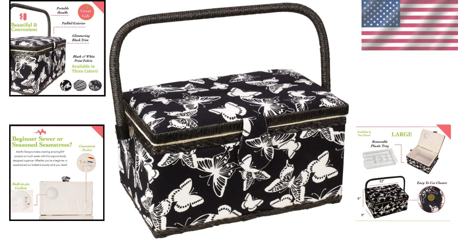 Elegant Floral Print Sewing Basket with Removable Tray and Built-in Pin Cushion
