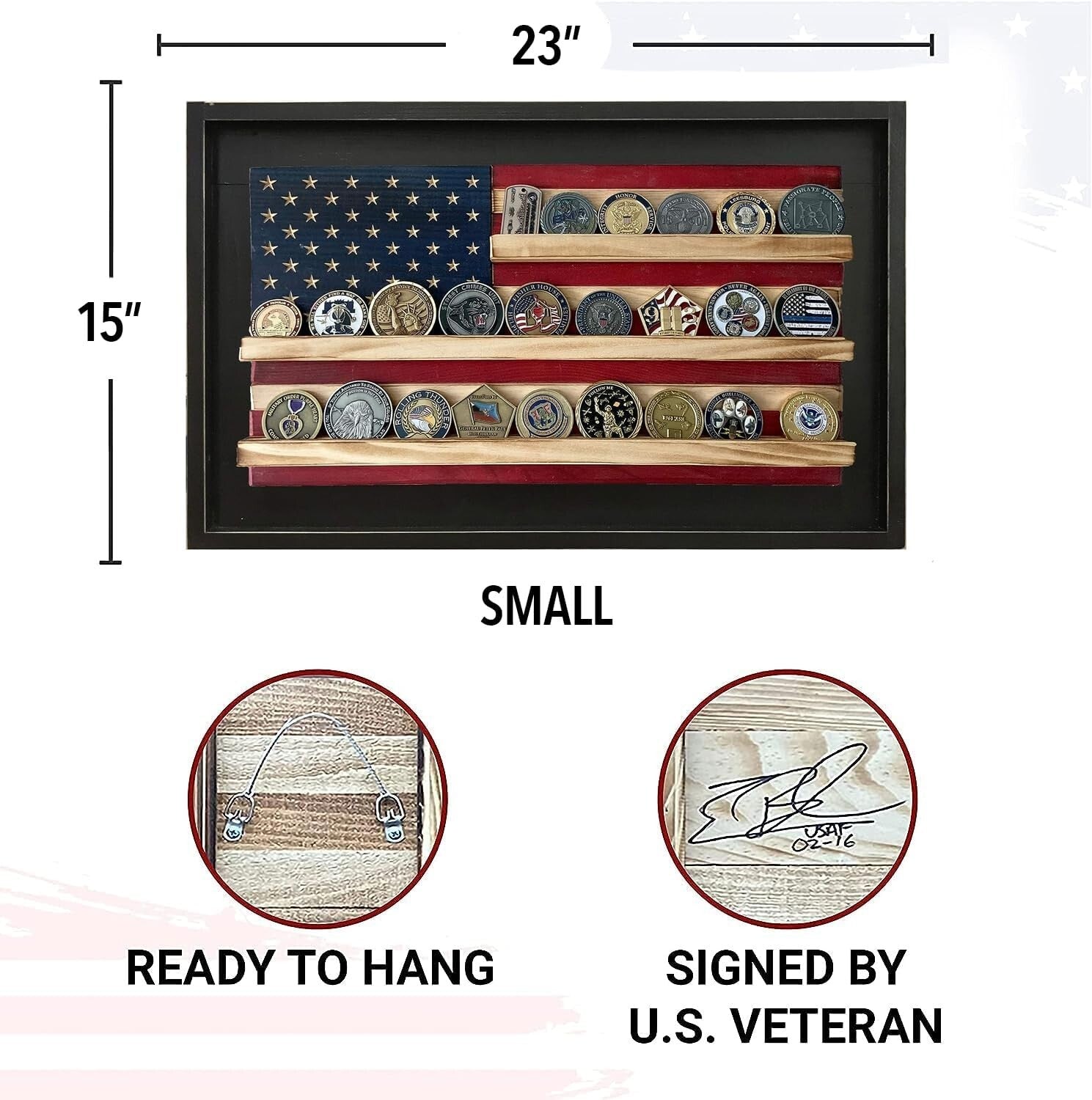 Rustic American Flag Coin Display - Holds 25 Military Coins, 15.25" H x 23.5" W
