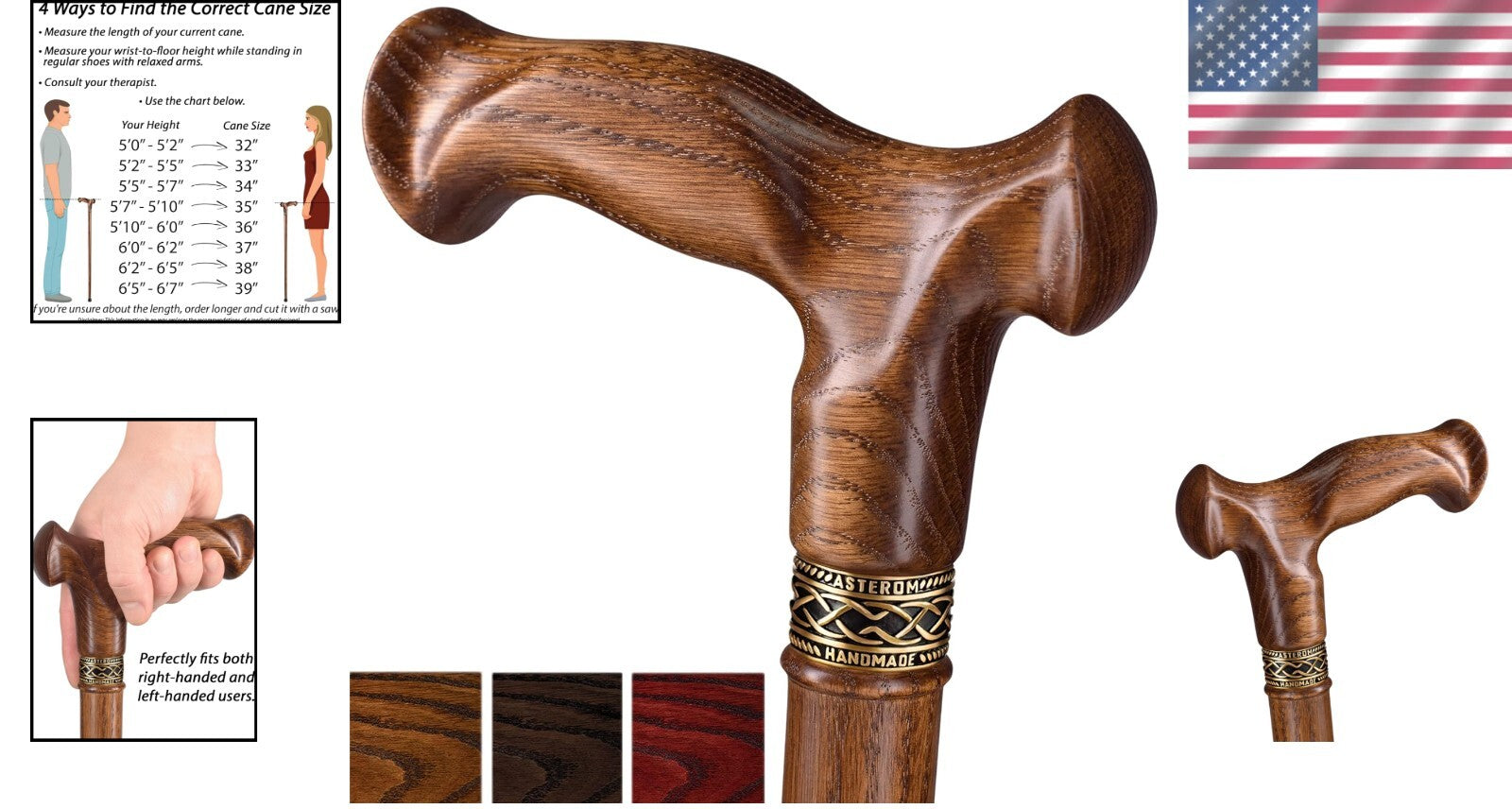 39-Inch Hardwood Oak Cane for Men & Women - Fashionable, Comfortable Walking Aid