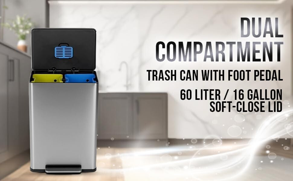 Polished 16 Gallon Rectangular Recycling Bin with Soft-Close and Odor Control