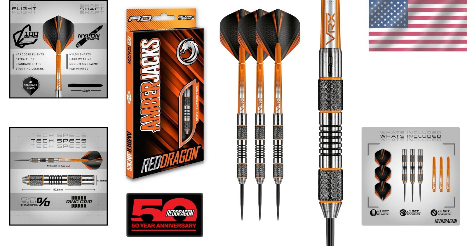 Amberjack Tungsten Darts Set - 3 x 24g with NitroTech Stems & Hardcore Flights