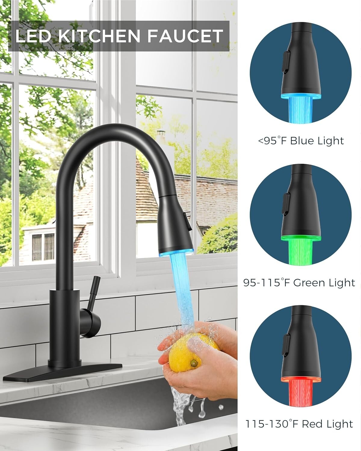 Farmhouse Style Matte Black Kitchen Faucet with Pull Down Sprayer & LED Features