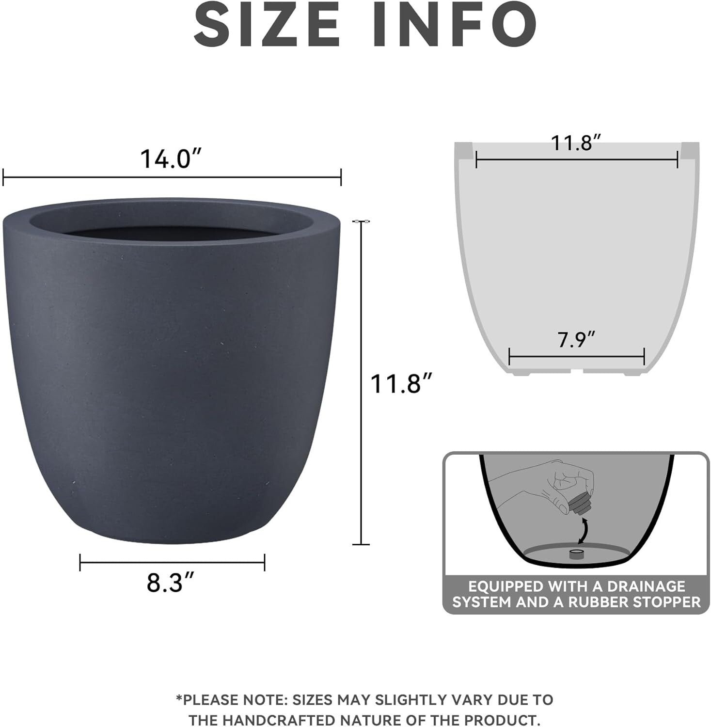 Elegant 14" Diameter Concrete Planter with Rubber Plug - Perfect for Every Space