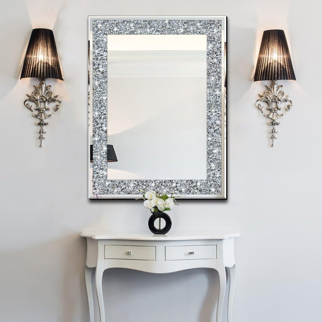 Elegantly Crafted 28x20" Silver Frameless Rectangle Mirror with Crystal Design