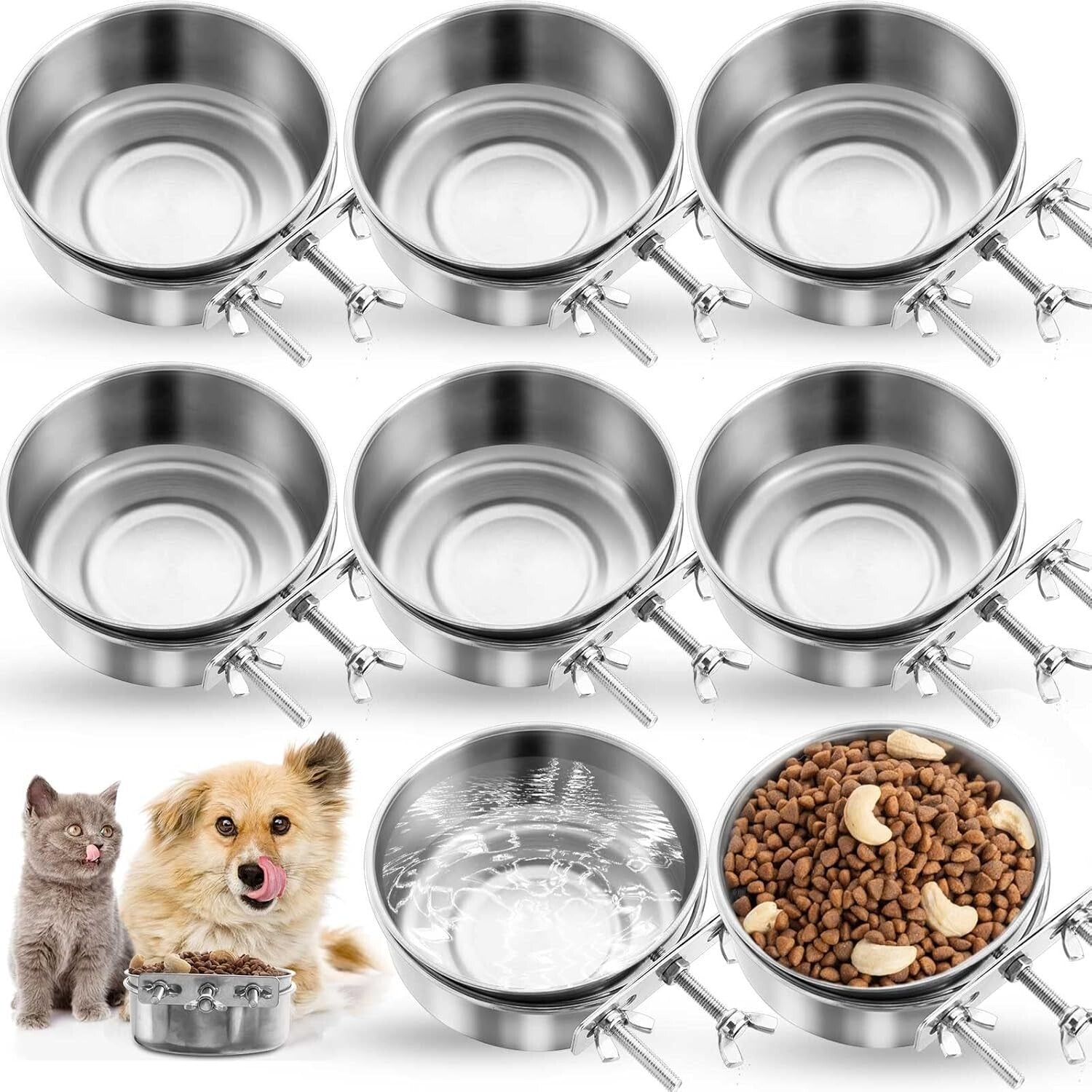 8-Pack Spill-Proof Stainless Steel Dog & Cat Bowls with Clamp for Kennels