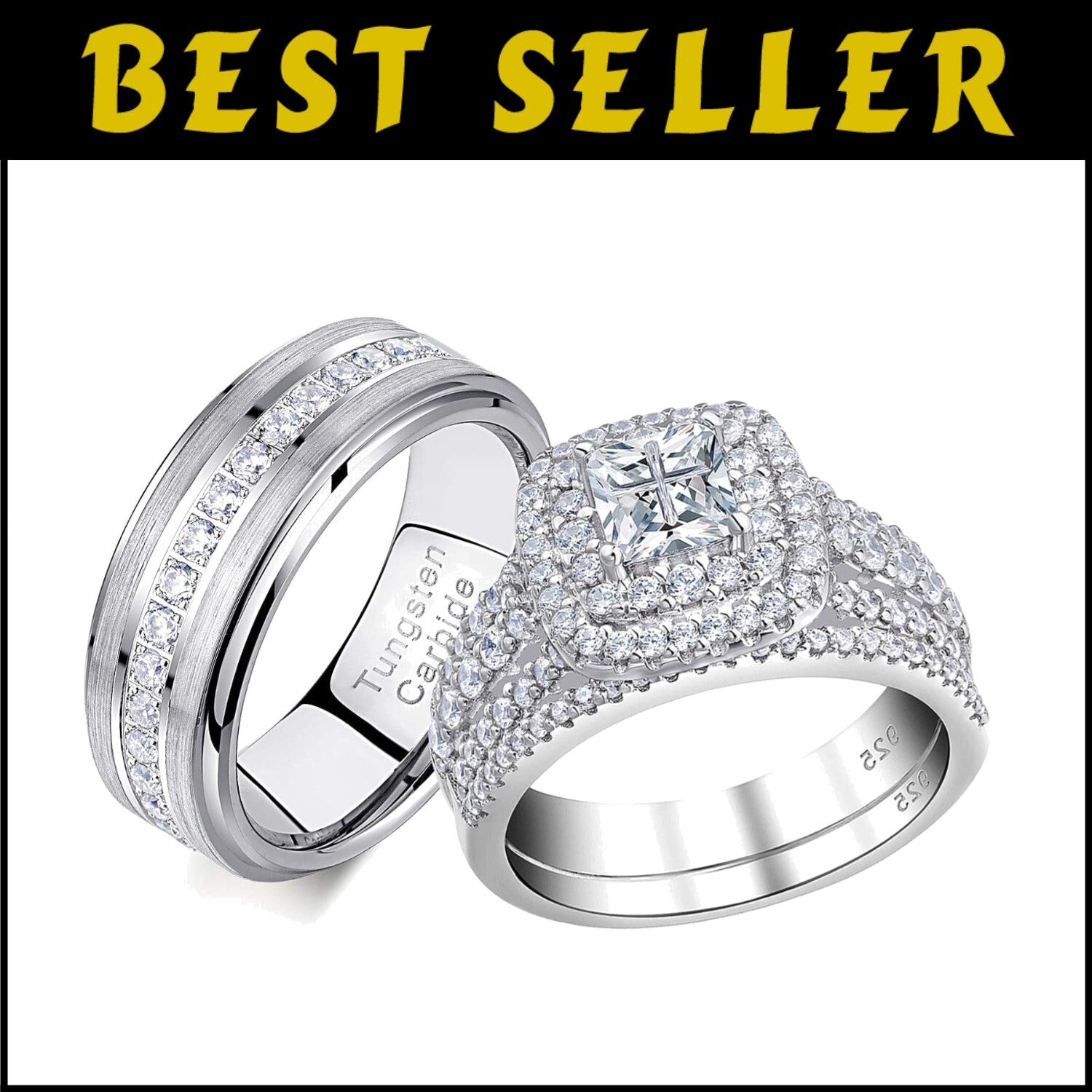 His and Hers Tungsten & Sterling Silver Wedding Ring Set - Gift Ready Packaging