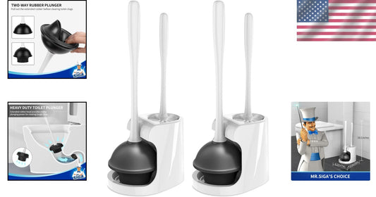 Compact White Toilet Cleaner Set with Plunger, Brush, and Storage Holder