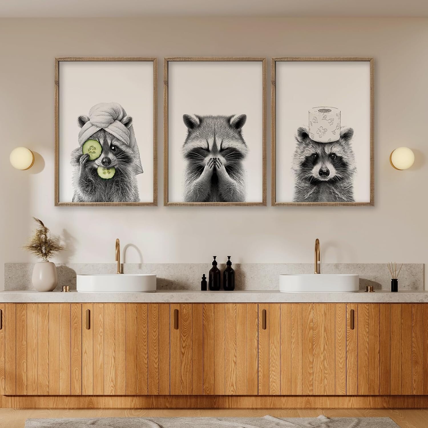 Rustic Farmhouse Raccoon Wall Art Set of 3 - Perfect for Modern Bathrooms
