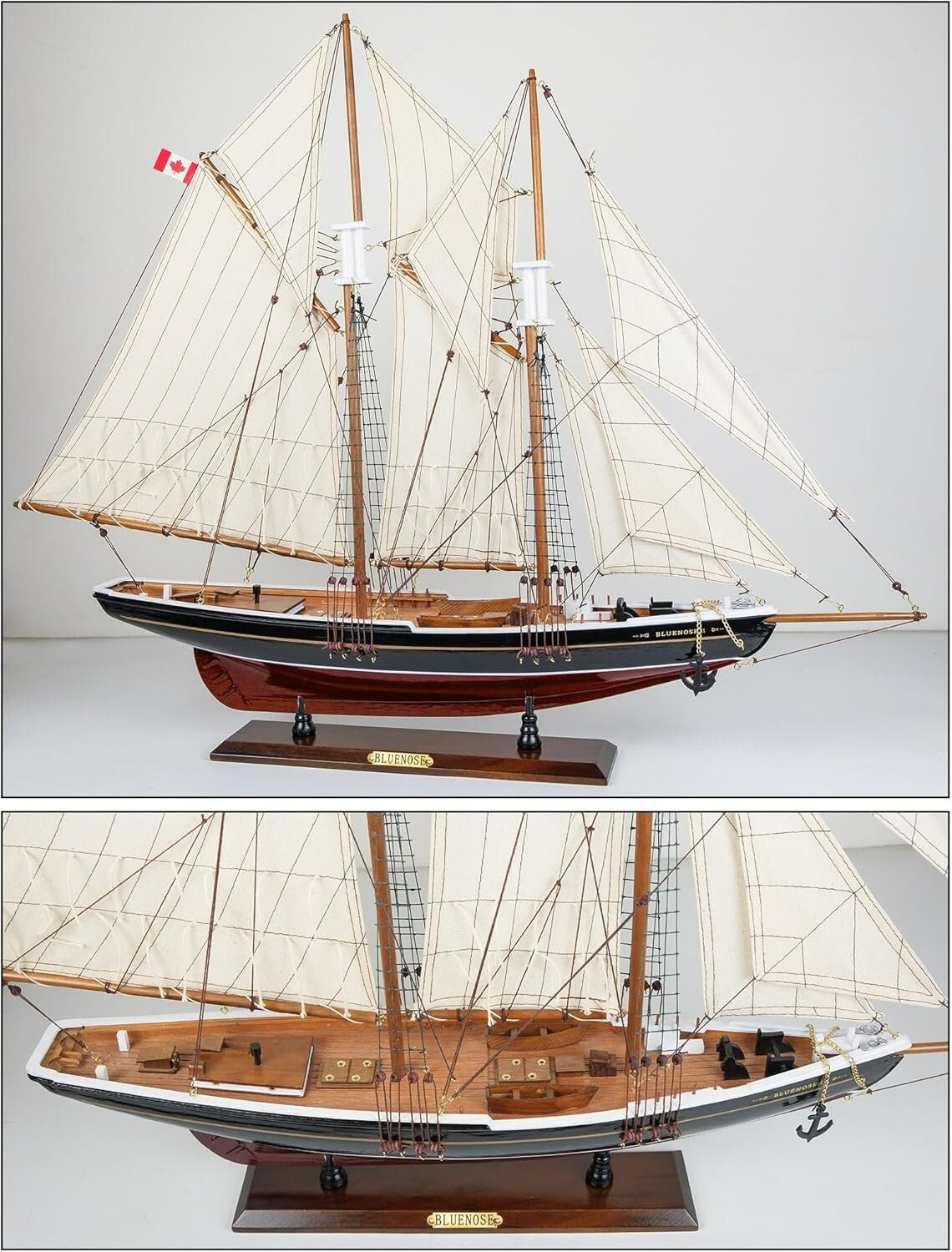 Authentic Bluenose Model Ship - Nautical Decor Piece with Hand-Stitched Sails