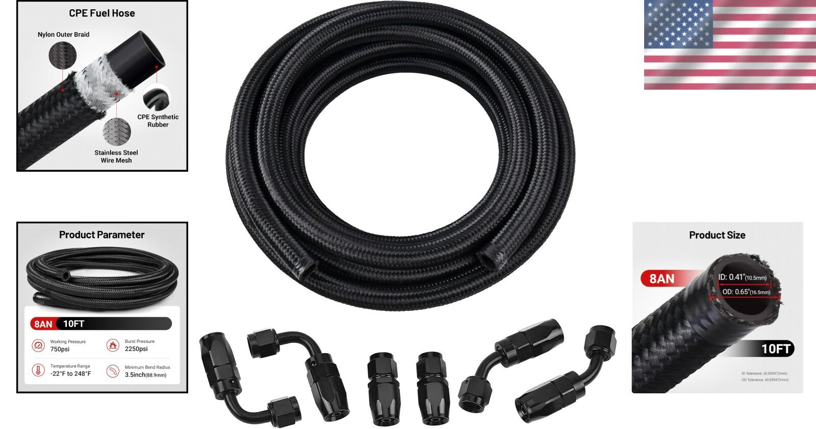 Durable 10FT AN8 Braided Fuel Hose Kit - High Pressure Rated & Lightweight