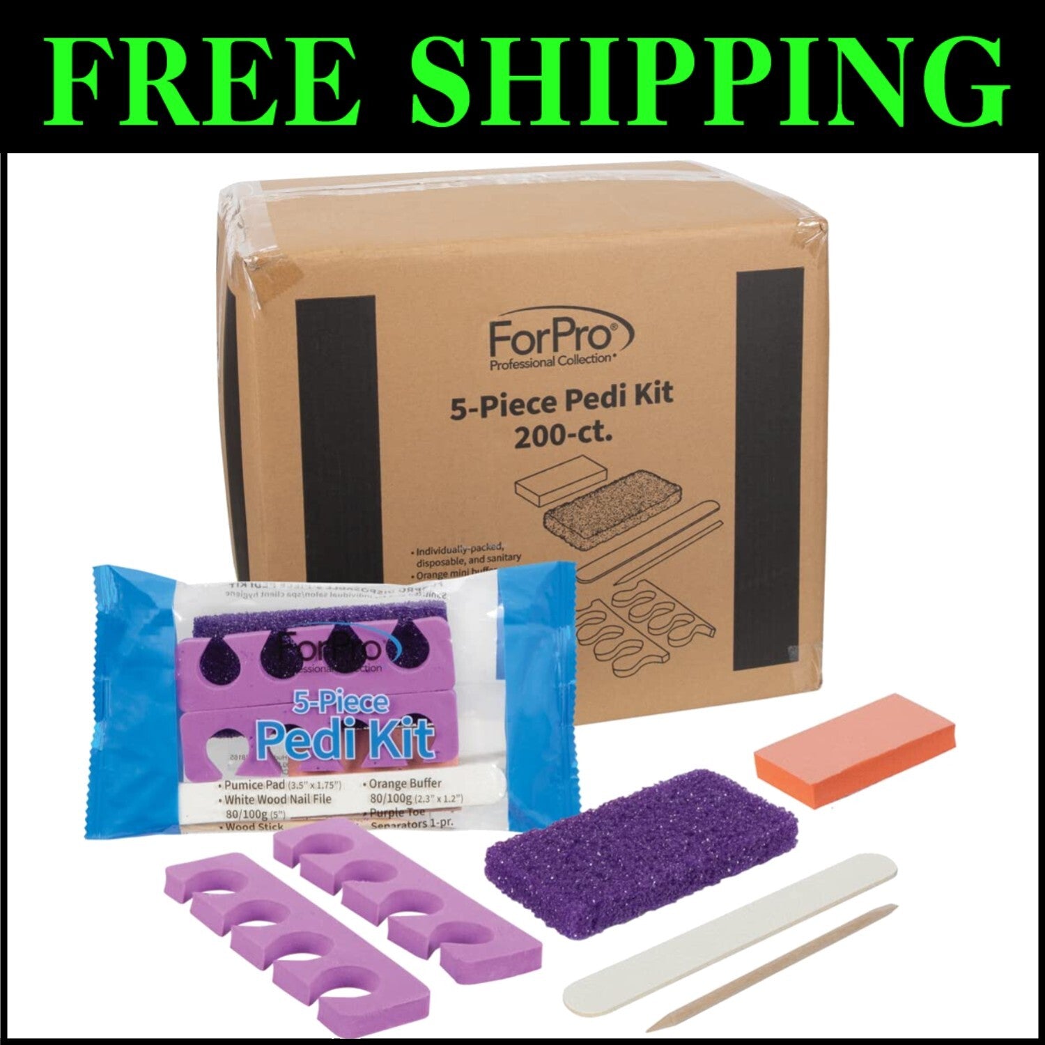 Individually Packed 5-Piece Pedi Kit with Wood Nail File & Pumice Pad - 200 Sets