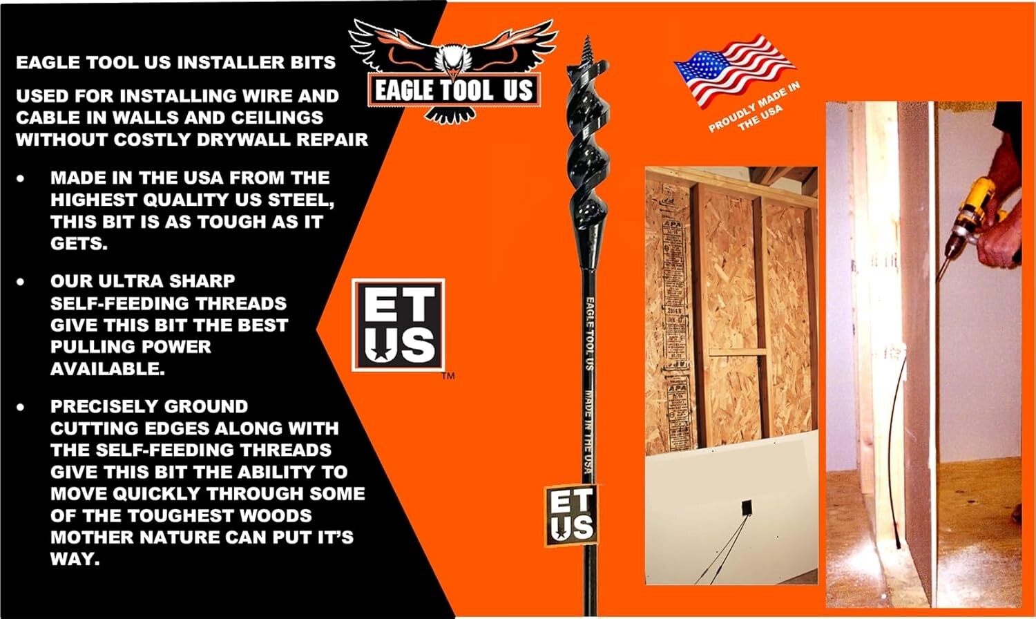 Aggressive Self-Feeding 3/4Inch Auger Bit, 36-Inch Long with Wire Fishing Holes