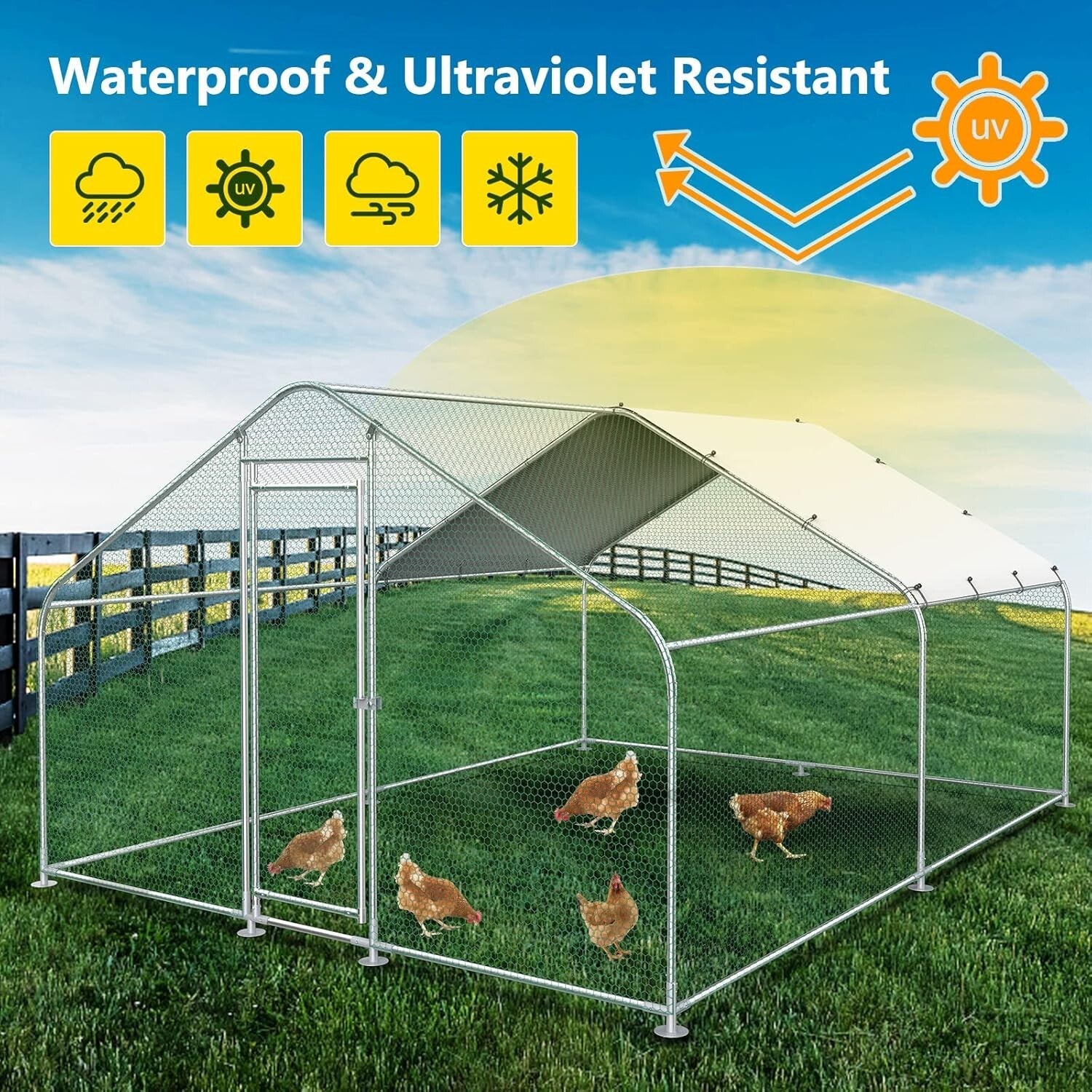 10x13FT Large Metal Chicken Run with Roof & Waterproof Cover for Safe Habitats