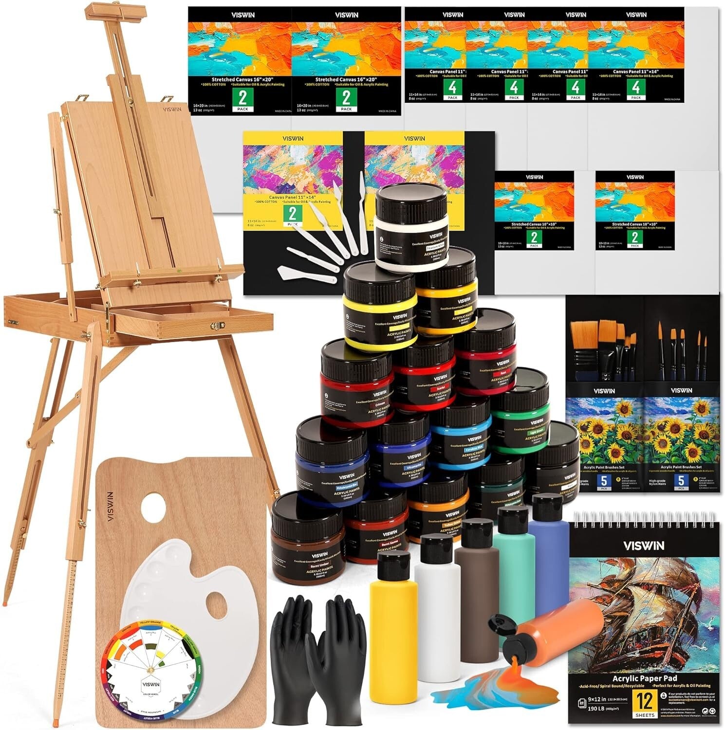 All-In-One French Easel Painting Kit - 15 Acrylics, Brushes, and Canvas Included