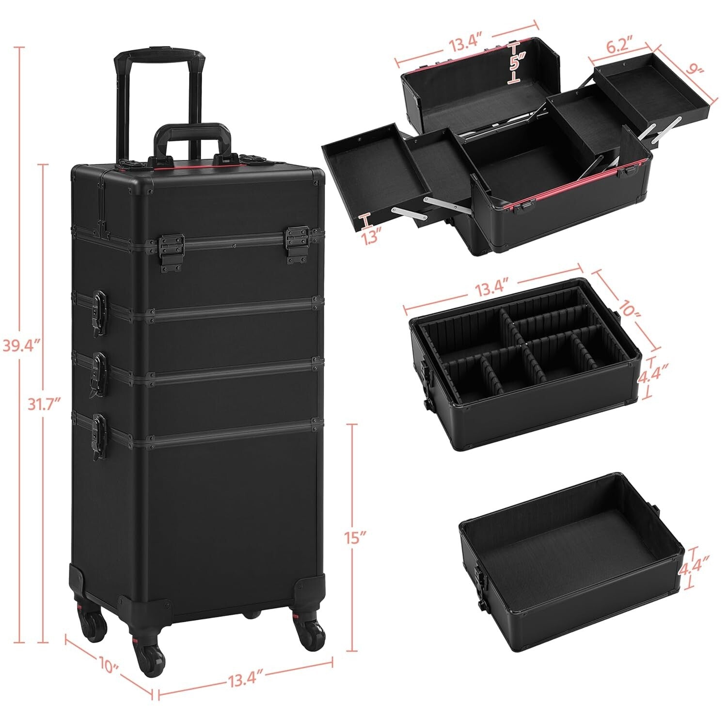 Chic 4-in-1 Makeup Case with Detachable Trays - Large Travel Trolley Organizer