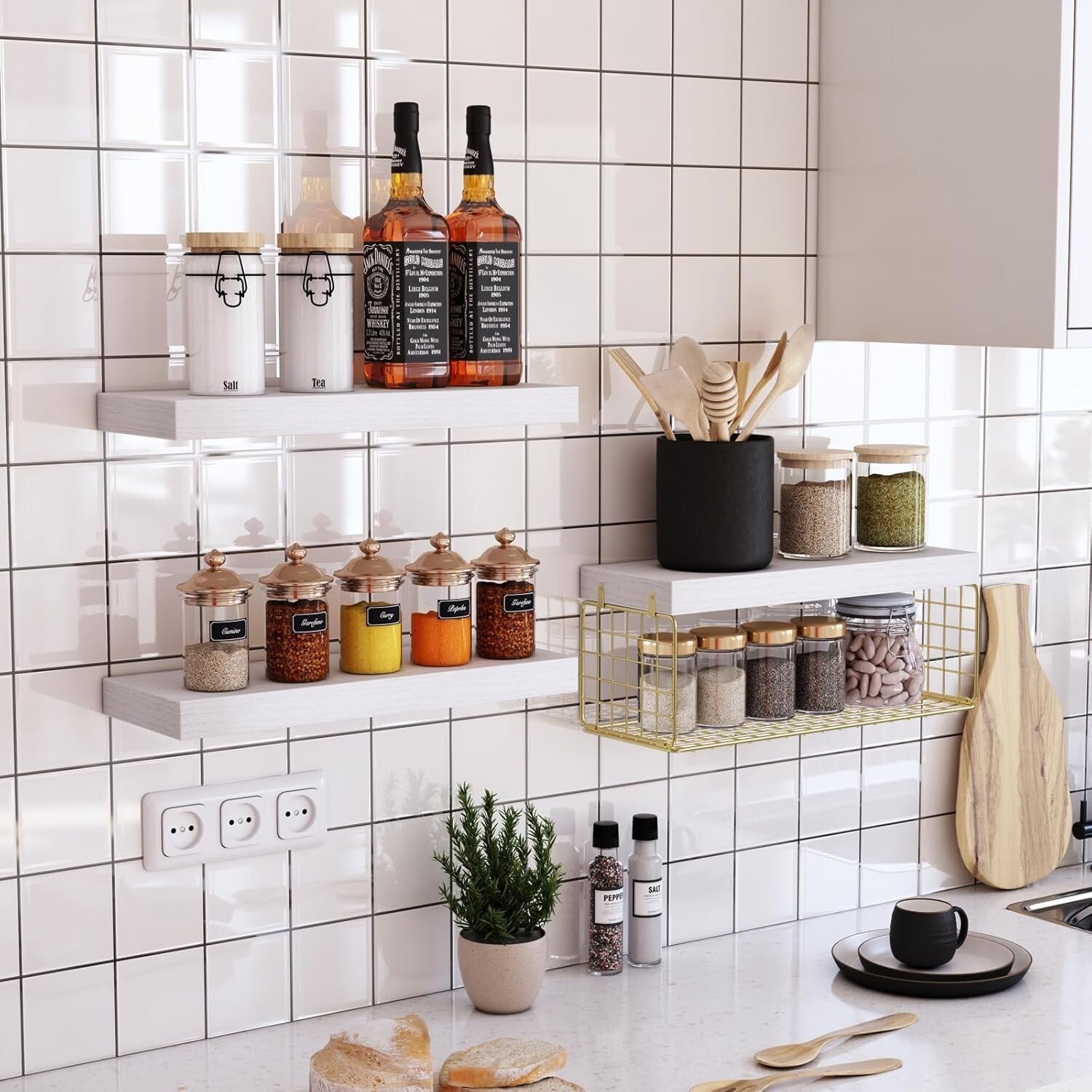 Gold and White Over Toilet Floating Shelves - 3-Piece Bathroom Organizer Set