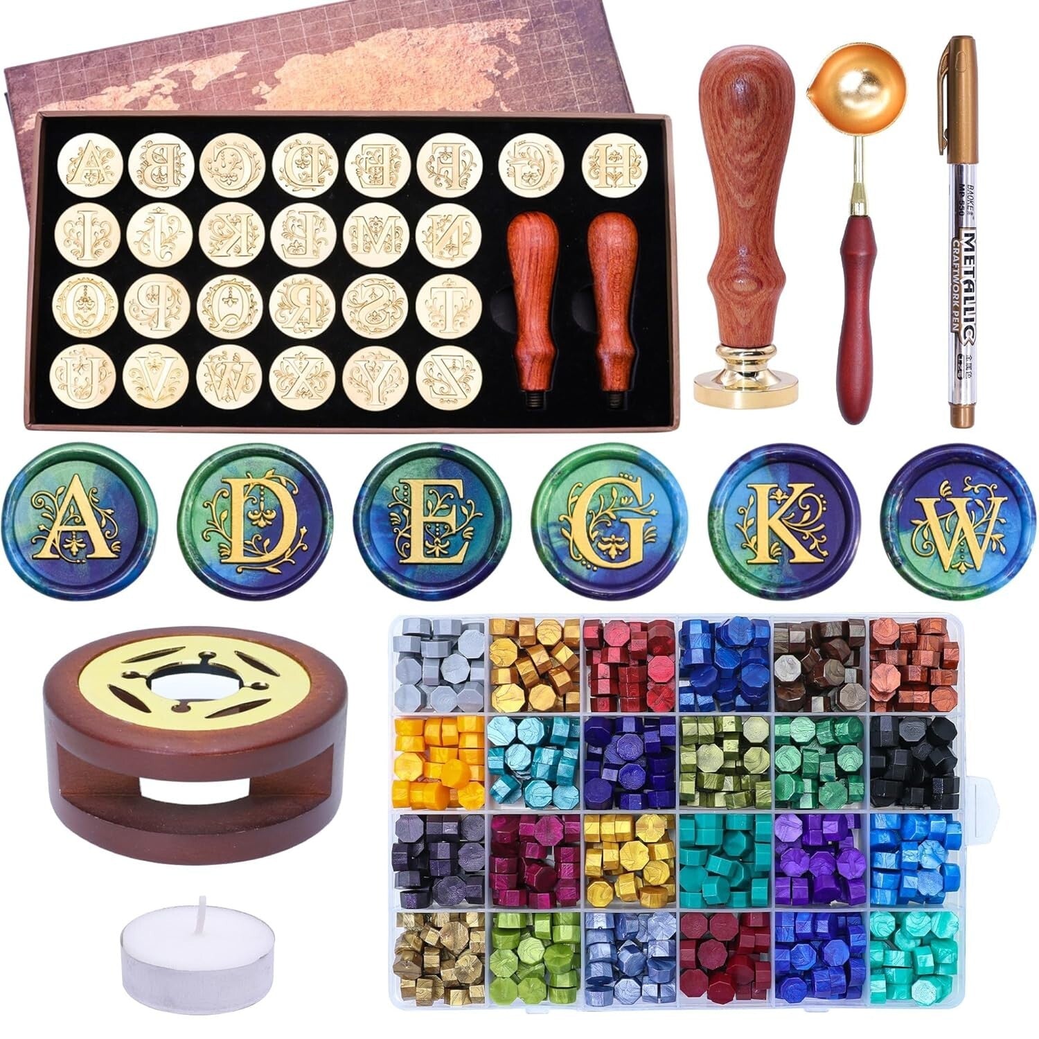 Elegant A-Z Wax Seal Set with 624 Beads & Warmer for Personalized Invitations