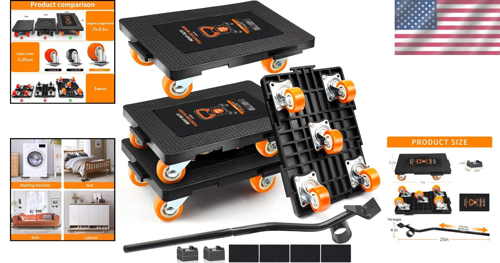 Heavy Duty 360° Furniture Mover Tool Set with 5 Wheels – 1200 lbs Capacity