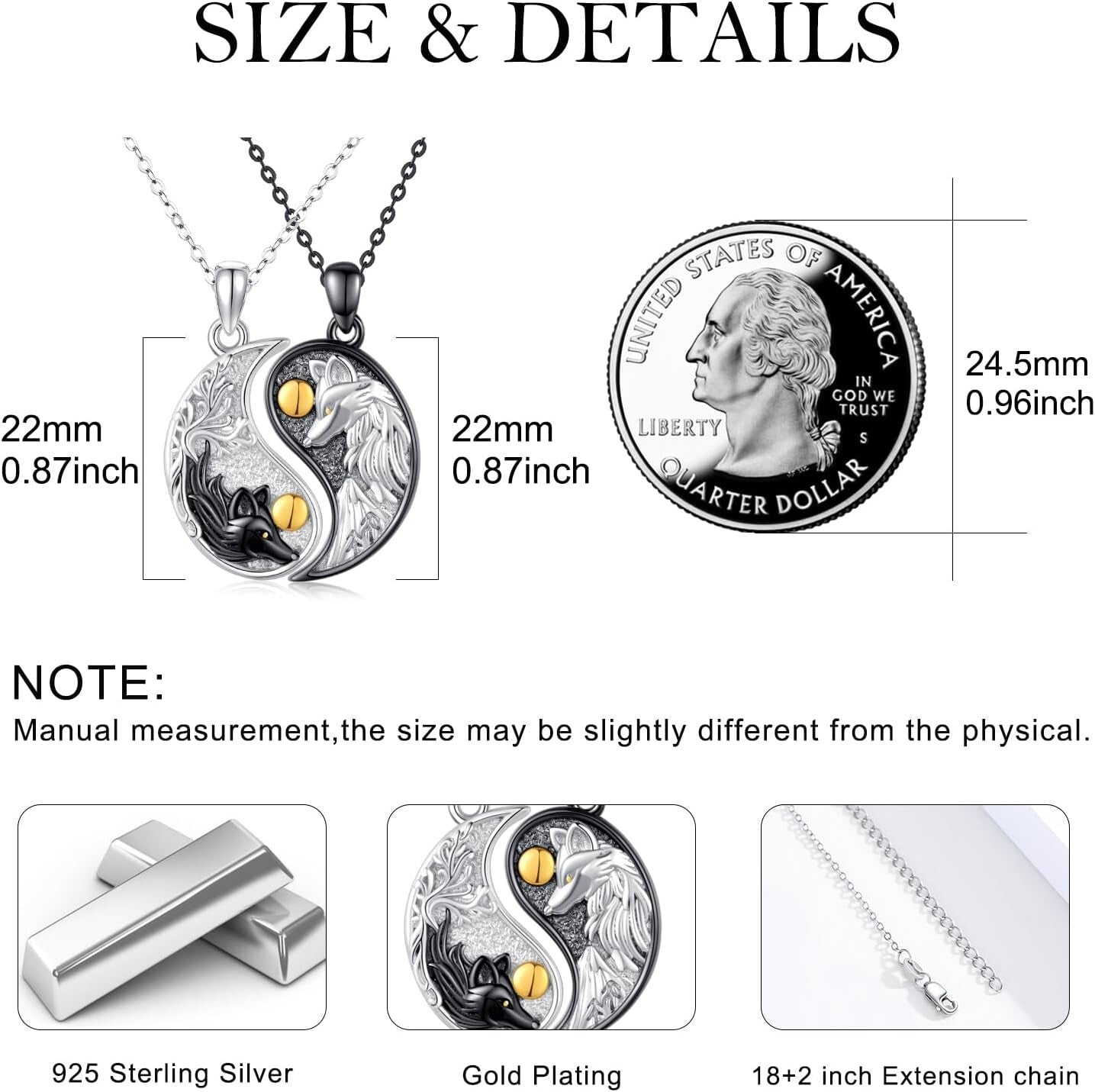 Yin Yang Wolf Pendant Necklace Set for Friends & Couples - Adjustable Chain