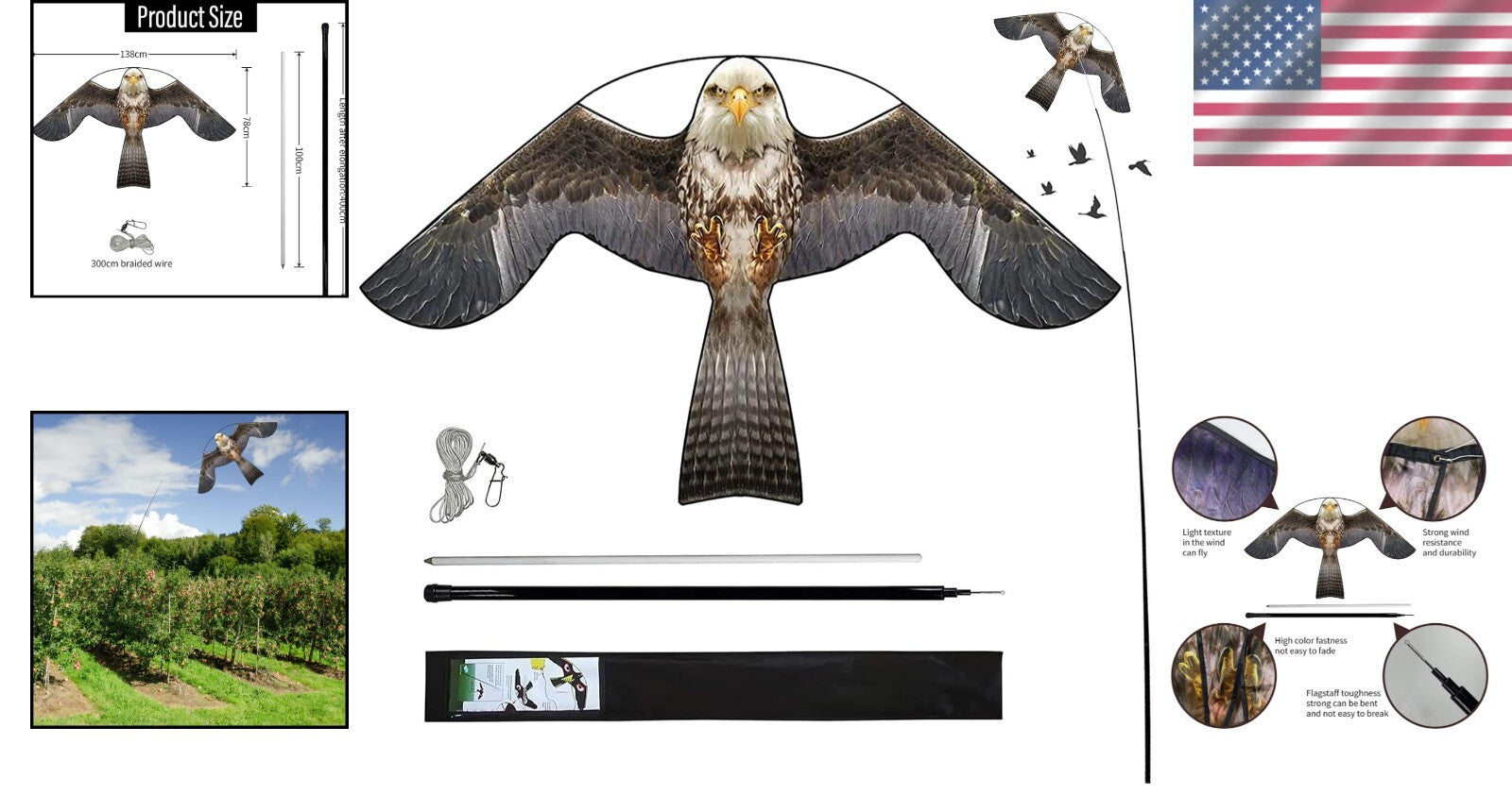 Durable 4m Pole Bird Scarer Kite - Scare Off Birds Safely & Effectively