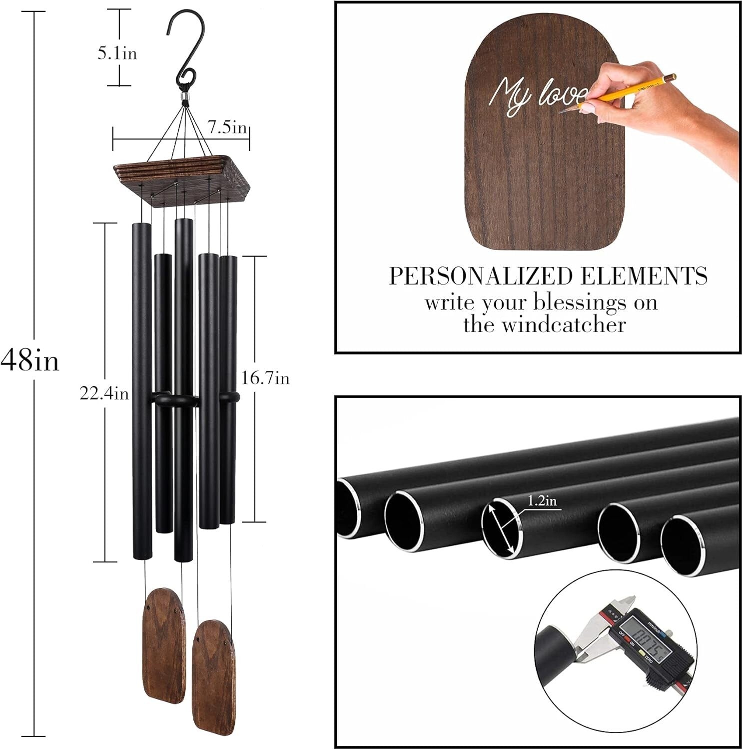 48" Large Deep Tone Wind Chimes in Black - Perfect Outdoor Decor & Memorial Gift