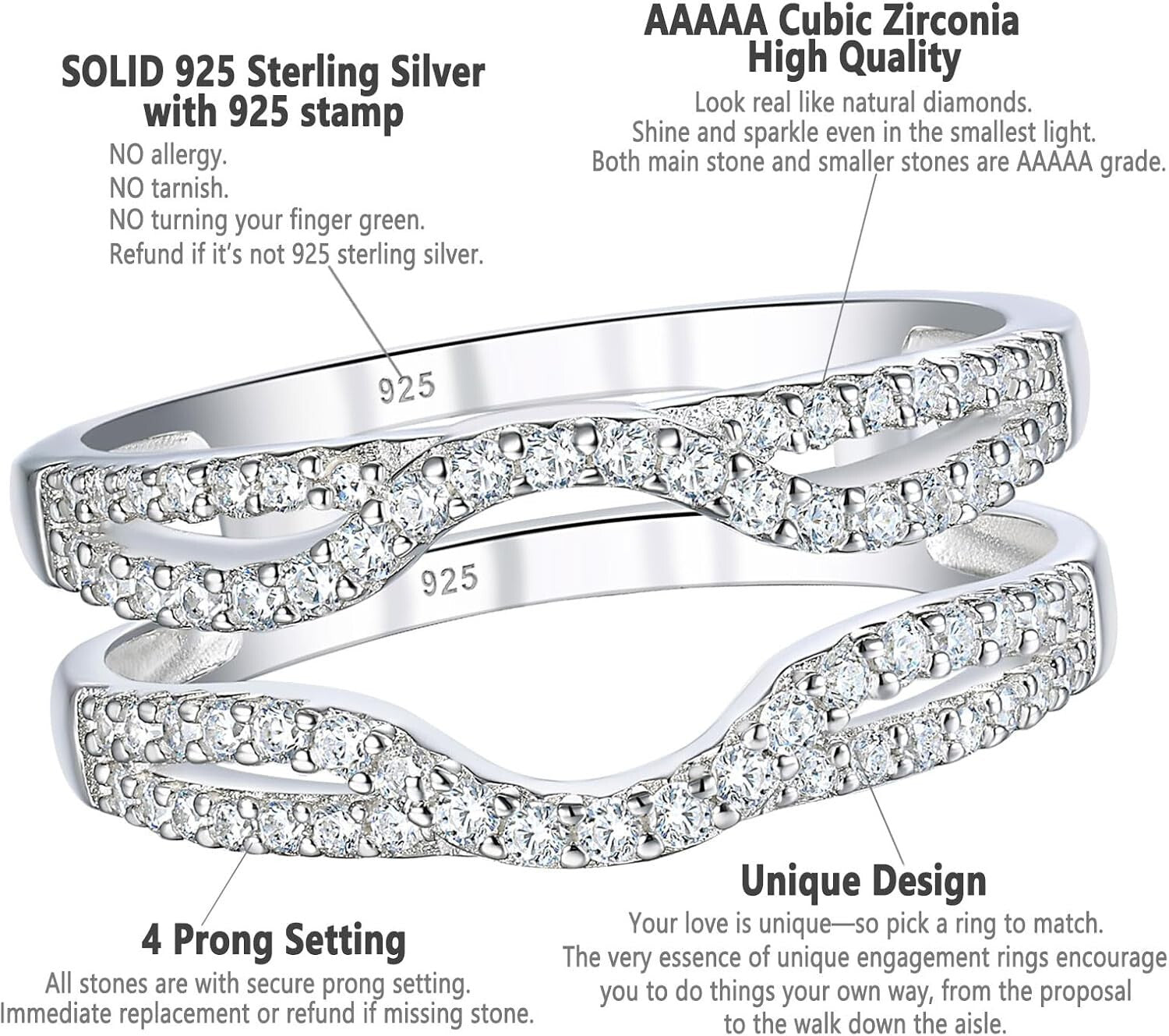 Hypoallergenic Women's 925 Sterling Silver Engagement Ring Enhancer - Sz 4-13