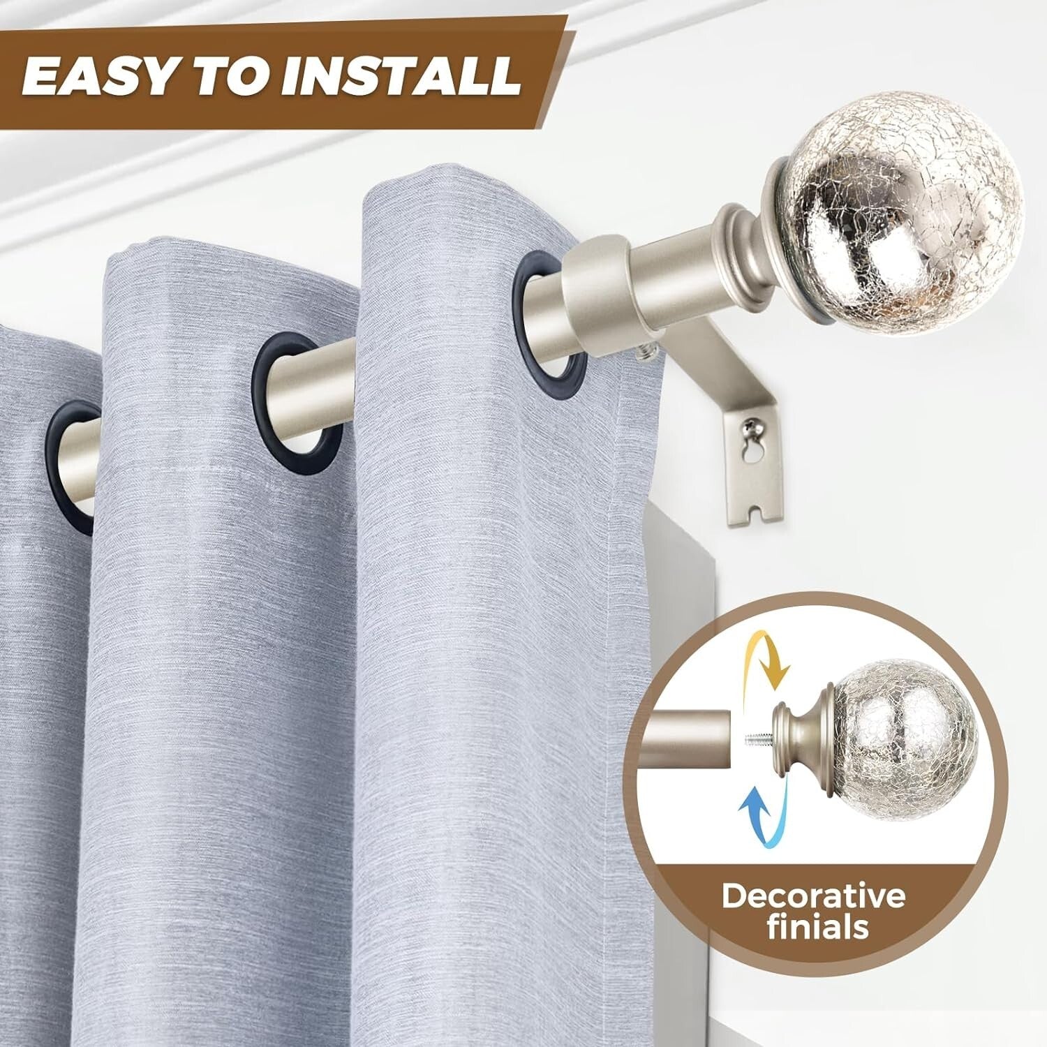 2-Pack Adjustable Curtain Rods 48-84 Inches, Champagne Gold with Crackle Finials