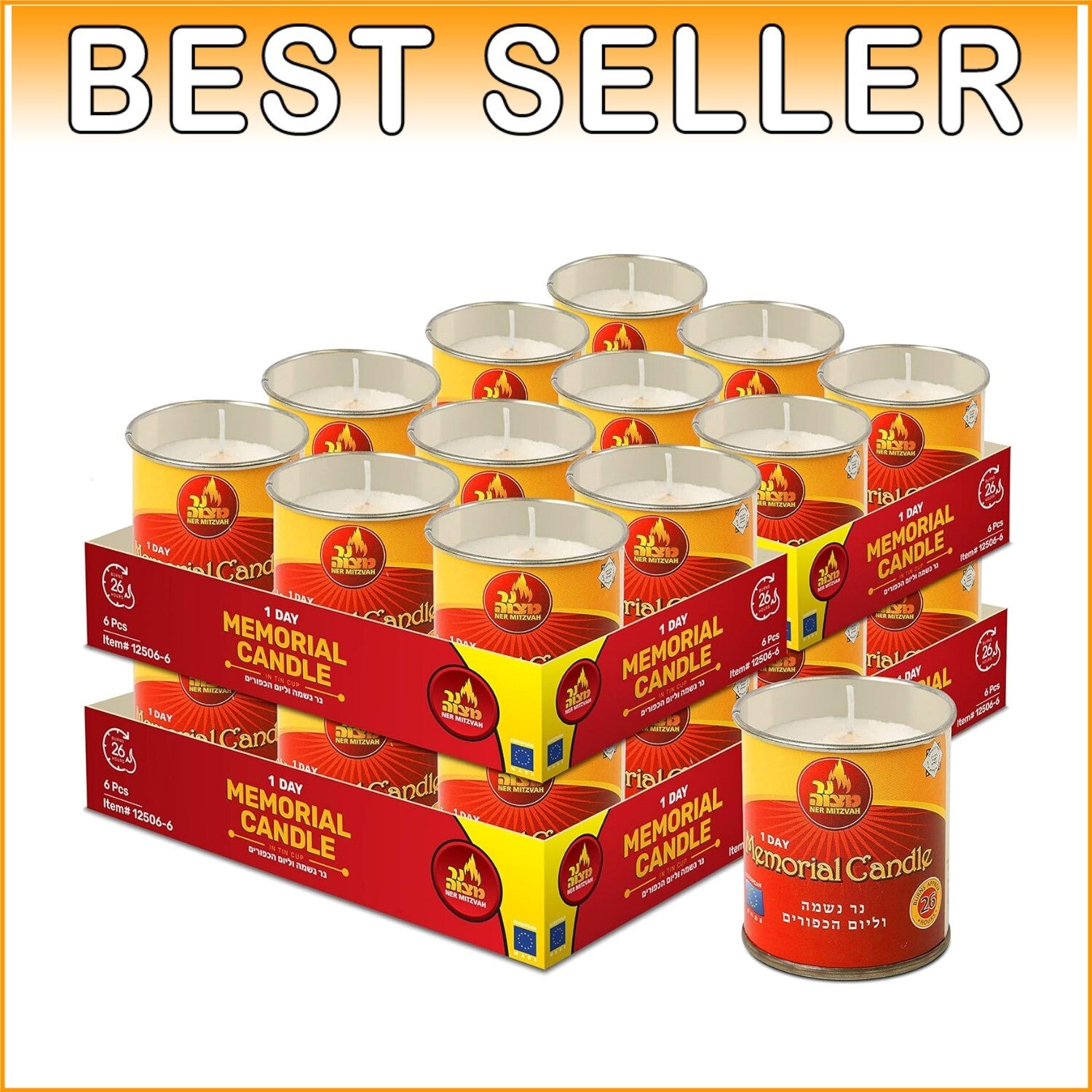 Elegant Unscented 24-Hour Yom Kippur Candle Set in Durable Tin Holders - 24 Pack