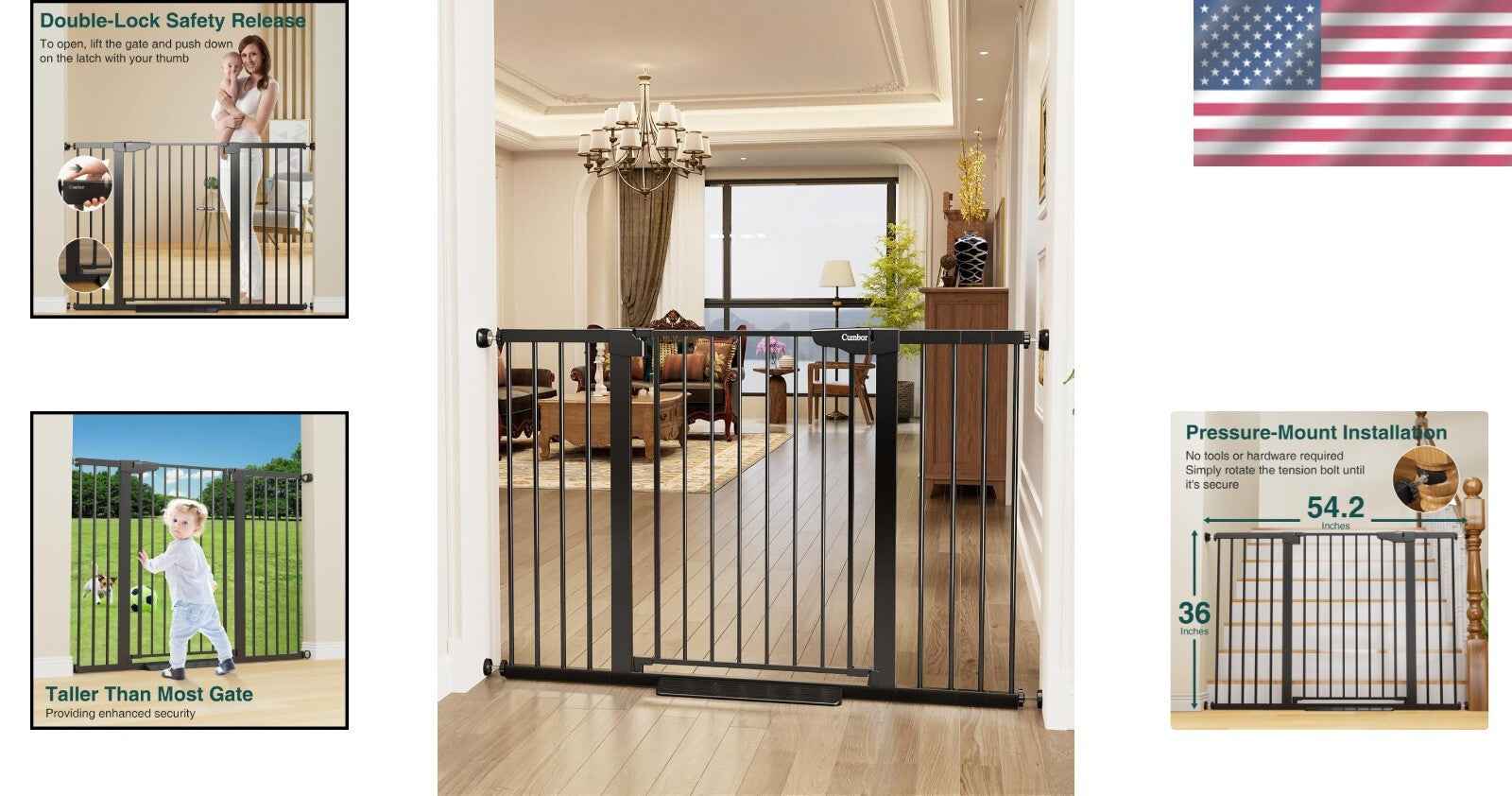 Black Pressure Mounted 36" Child & Pet Safe Gate - Auto Close & Adjustable Width