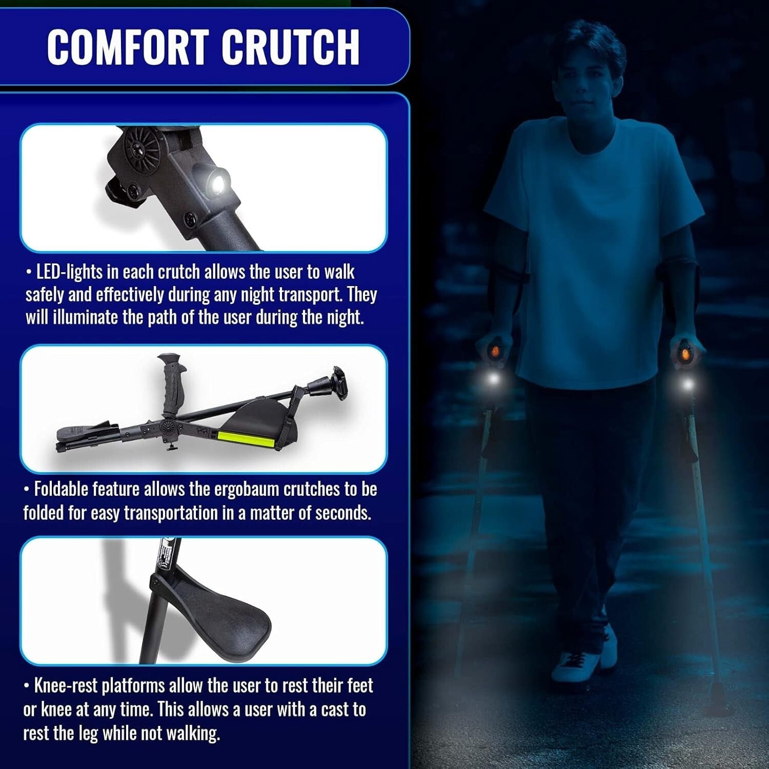 Ergonomic Forearm Crutches with Knee-Rests & LED Lights - Adjustable 5' to 6'6"