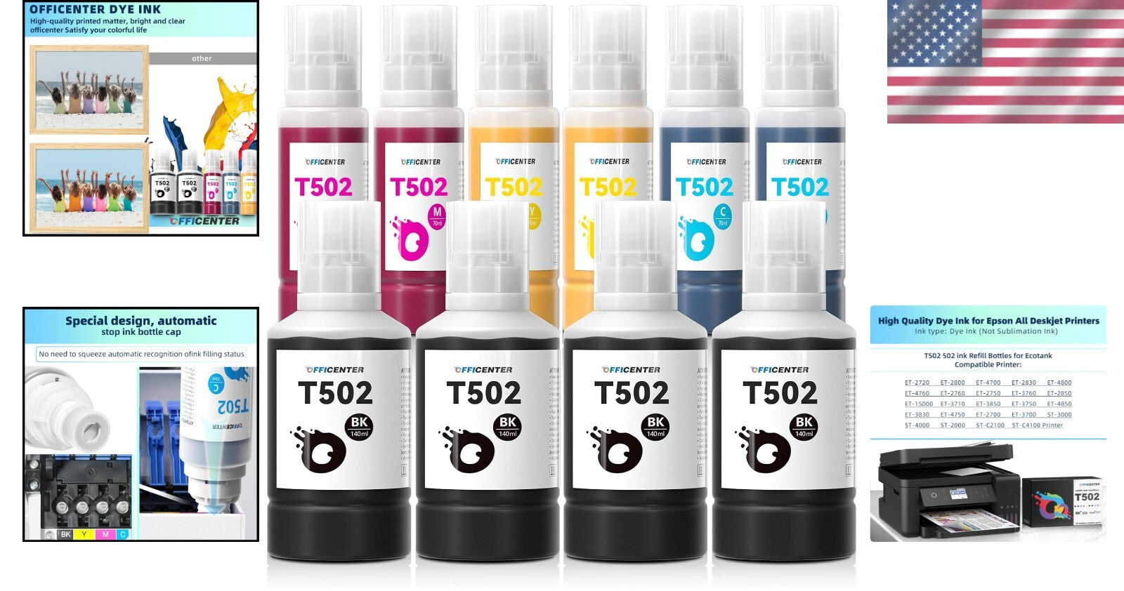 High-Capacity 10 Pack T502 Ink Refill Bottles for Ecotank & Supertank Printers