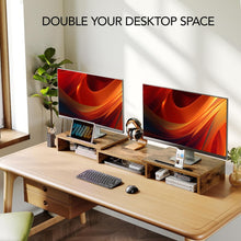 Load image into Gallery viewer, Rustic Brown Adjustable Dual Monitor Stand - 3 Shelf Desk Organizer Solution