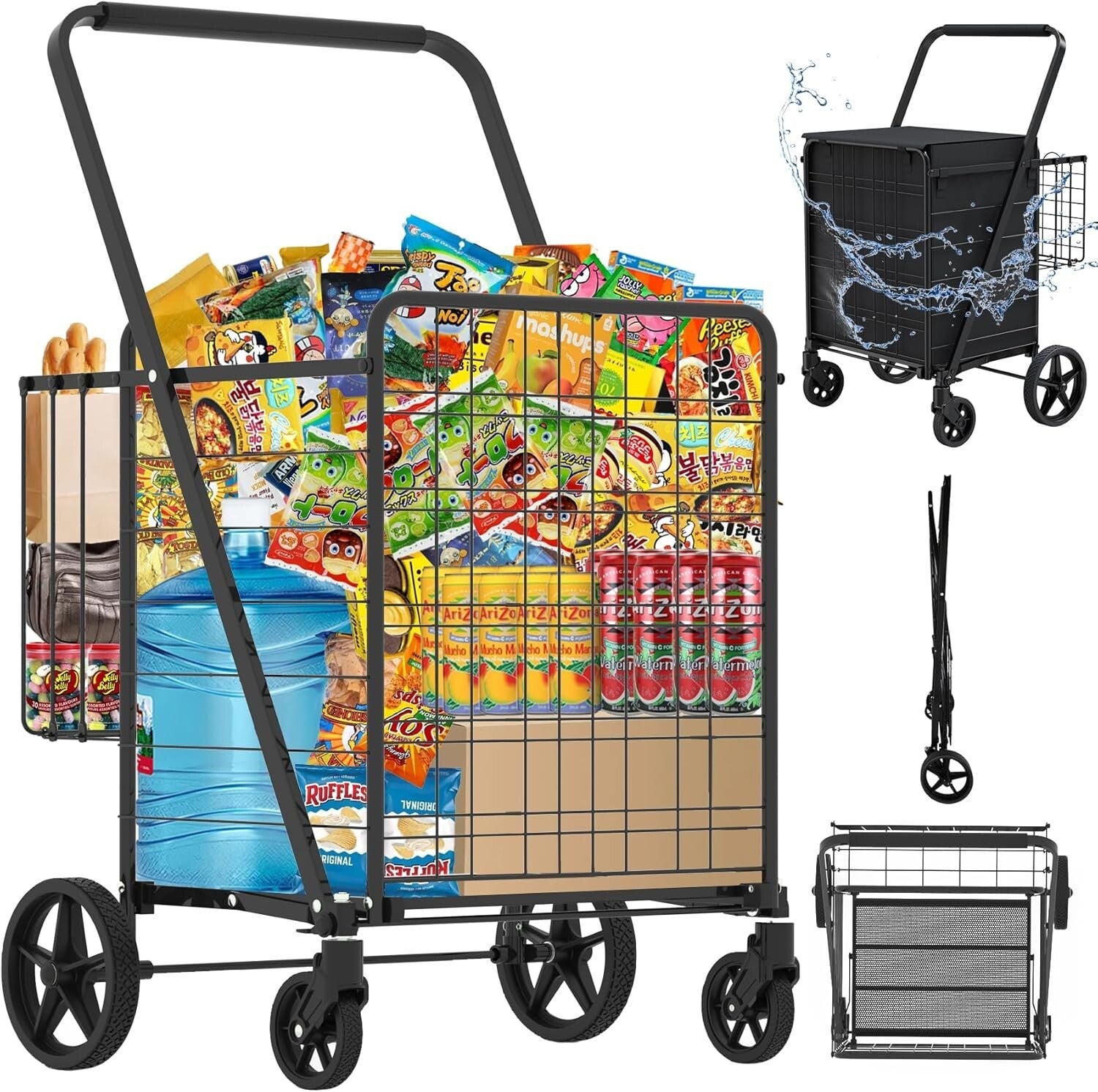 Heavy-Duty Folding Shopping Cart - 360° Swivel Wheels, Holds 440 LBS