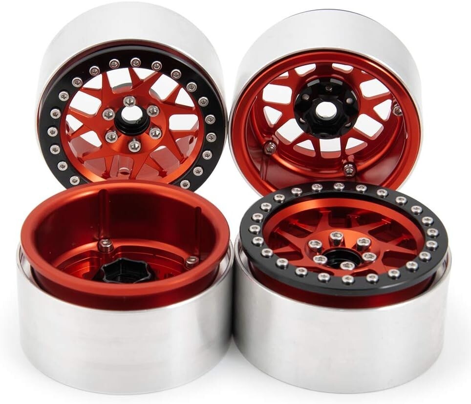 Stylish Red Beadlock Wheels - Upgrade Your 1/10 RC Crawler's Performance
