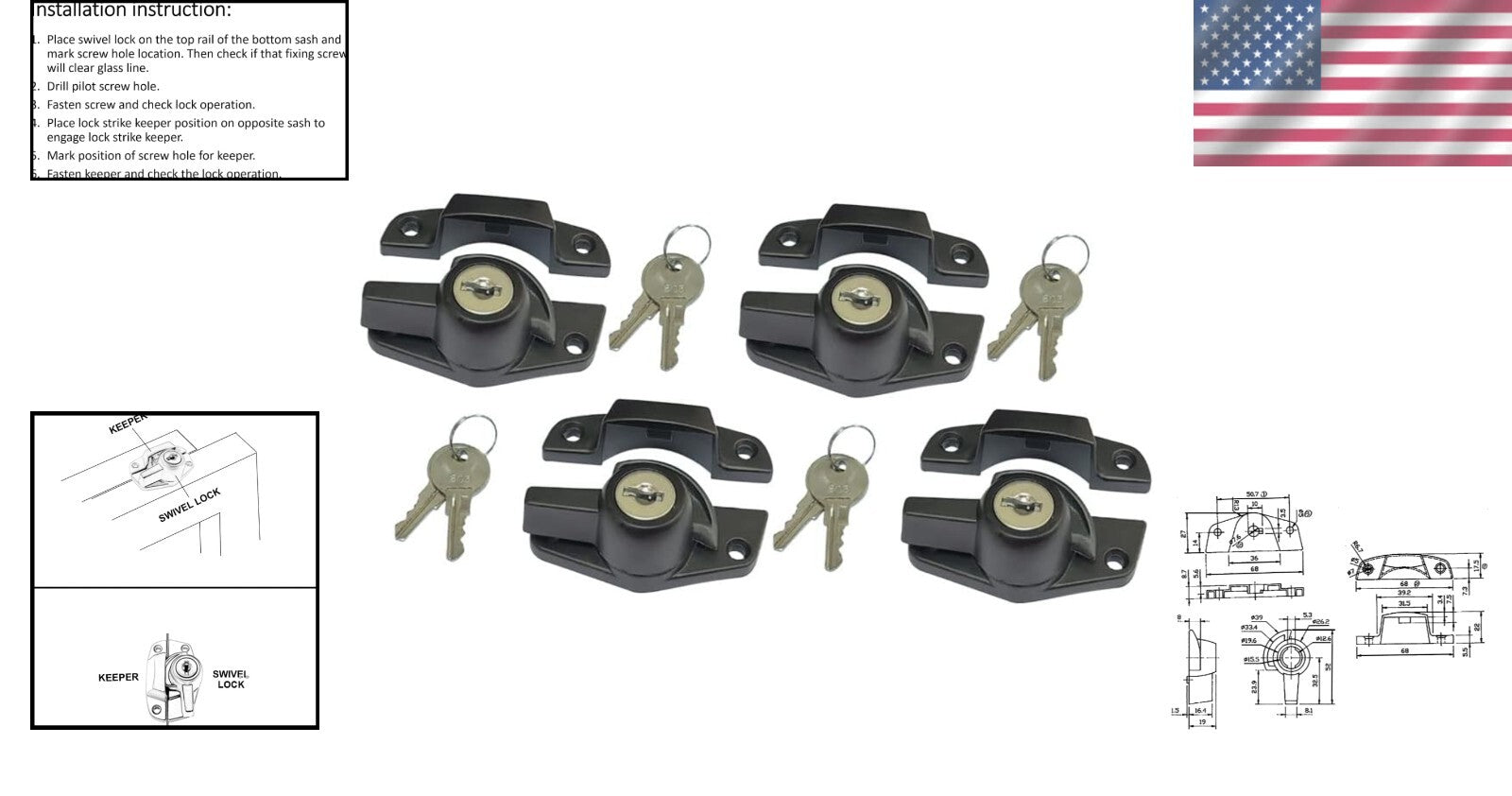 4-Pack Heavy Duty Keyed Sash Lock - Child-Proof Security, Matte Black Finish