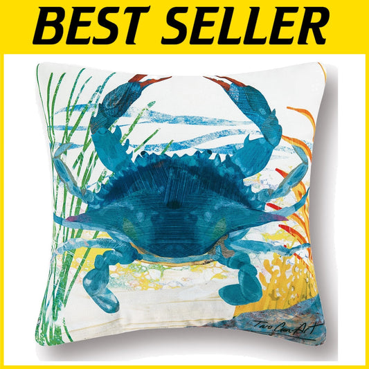 Vibrant 18x18 Blue Crab Outdoor Pillow - Perfect Nautical Decor for All Spaces