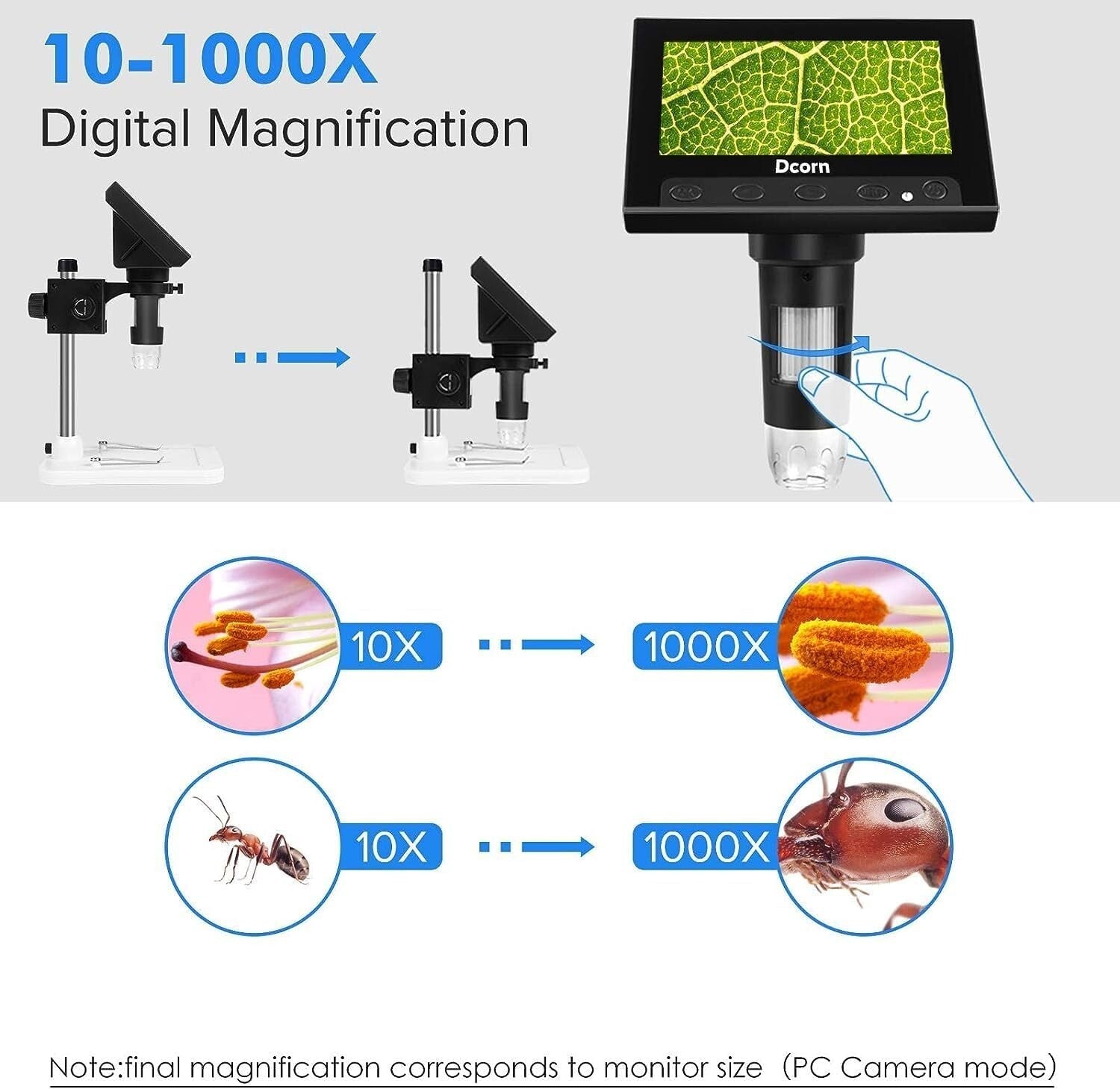10X-1000X Digital Microscope with 4.3" LCD for Coin Collection & Observation