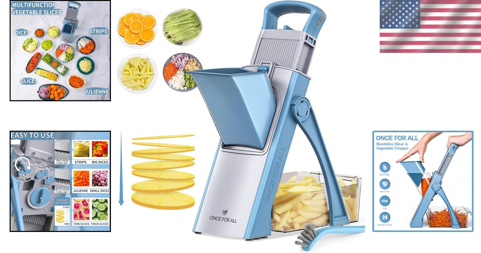 Collapsible Mandoline Slicer with Removable Stainless Steel Blades - Family Size