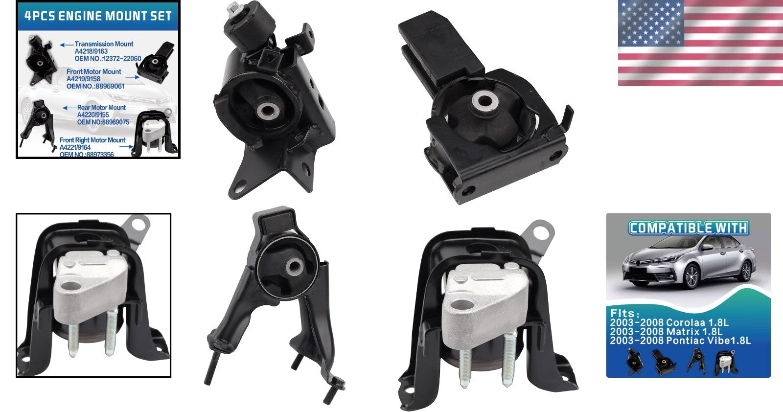 Durable Steel Engine & Transmission Mount Kit Compatible with Corolla & Matrix