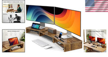 Load image into Gallery viewer, Rustic Brown Adjustable Dual Monitor Stand - 3 Shelf Desk Organizer Solution