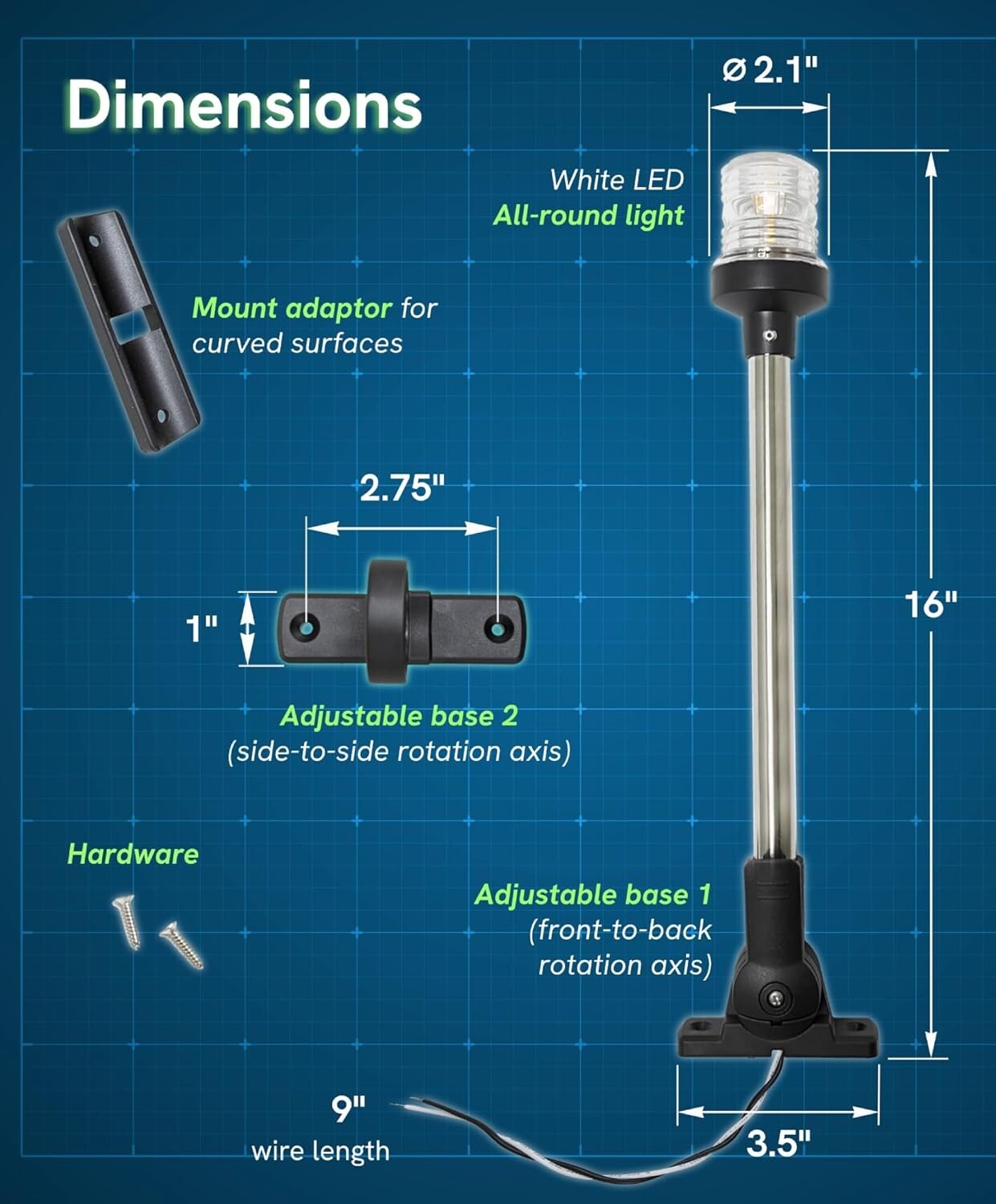 Exclusive 12V LED Anchor Light with Dual Adjustable Bases - Waterproof Design