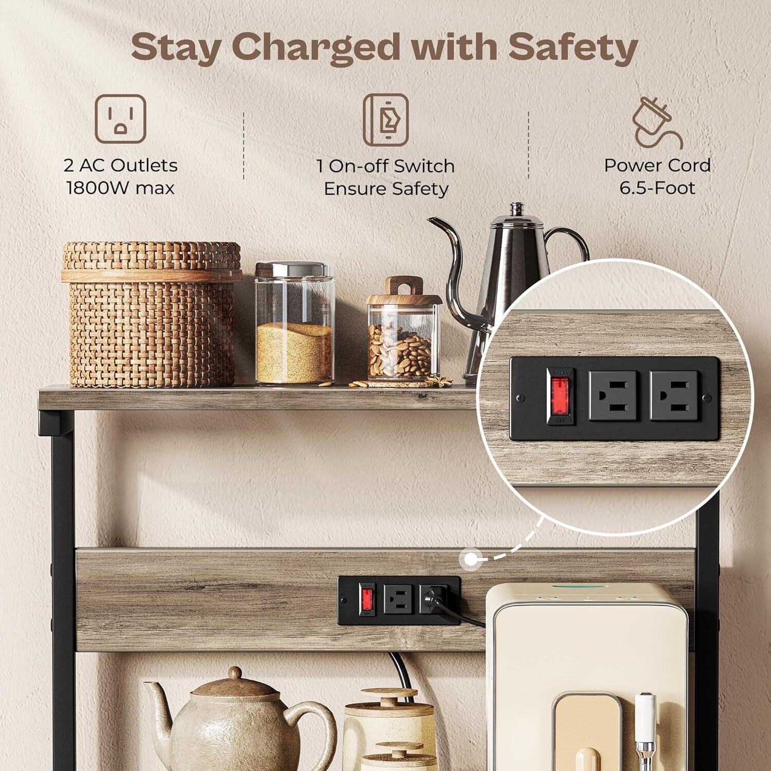 Versatile Kitchen Bakers Rack with Power Outlets & 6 Hooks for Easy Organization