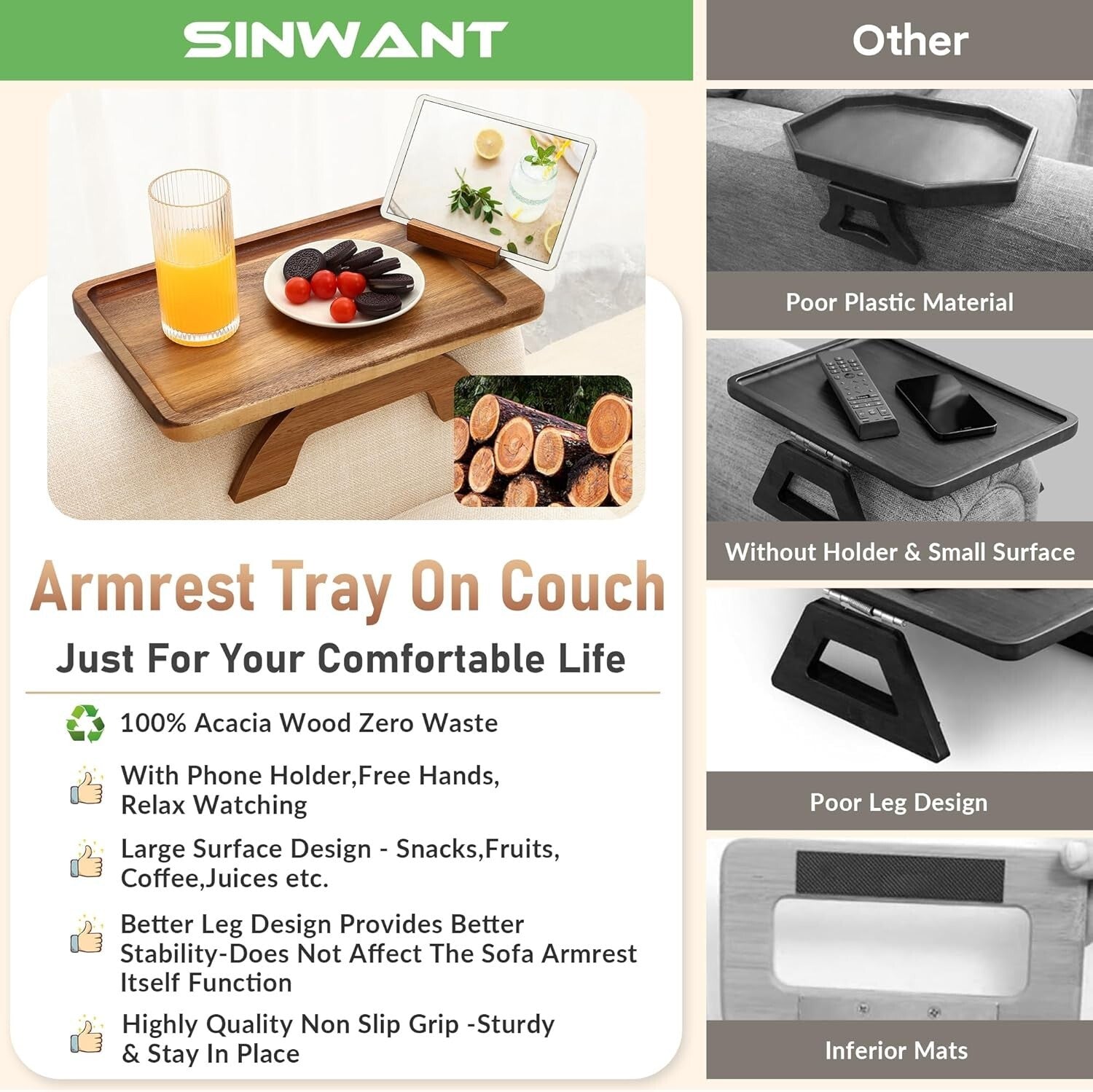 Adjustable Armrest Table with 360° Phone Holder - Modern Acacia Wood Design