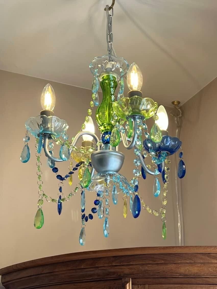 4-Light Plug-in Blue Green Acrylic Crystal Hanging Chandelier - Wedding Elegance