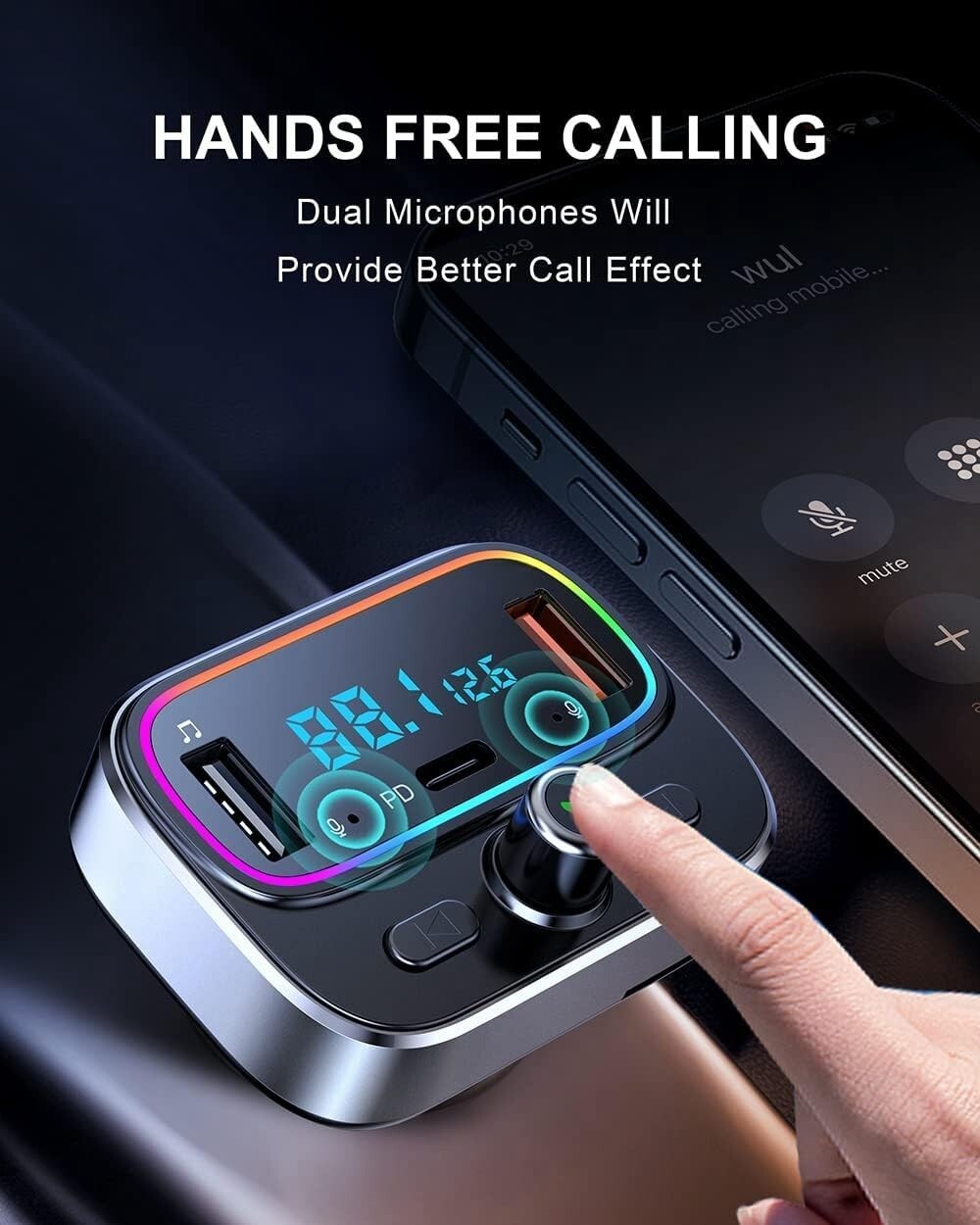Bluetooth FM Transmitter with Dual Mics & Fast Charging - Hands-Free Car Kit