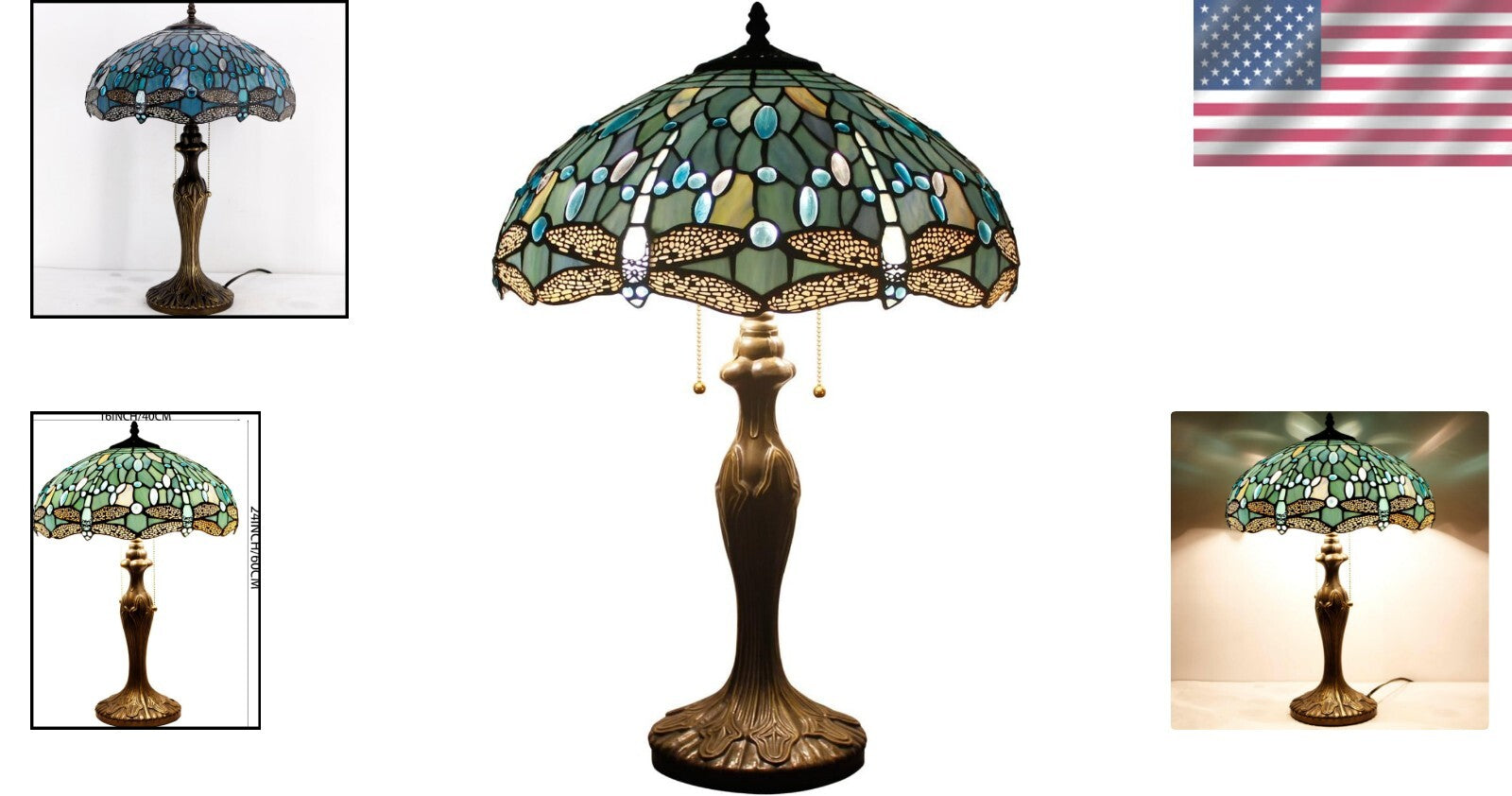Antique Bronze Dragonfly Tiffany Lamp - Sea Blue Stained Glass Shade 16x24"