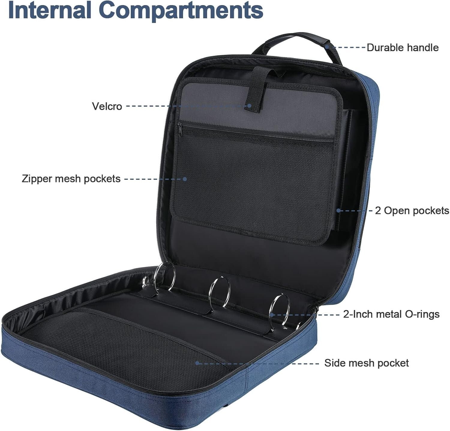 Dark Blue 3-Ring Zipper Binder with Multiple Pockets & Comfortable Strap