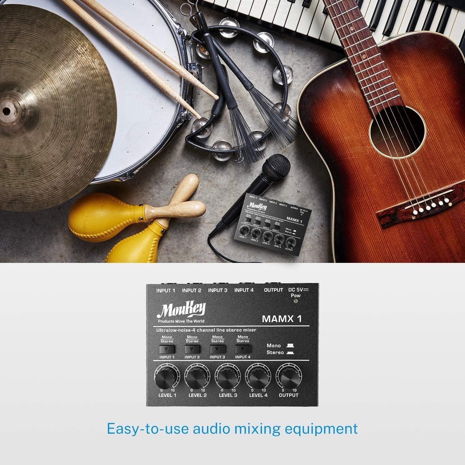 4 Stereo Channel Mini Audio Mixer with Low Noise for Guitars & Keyboards